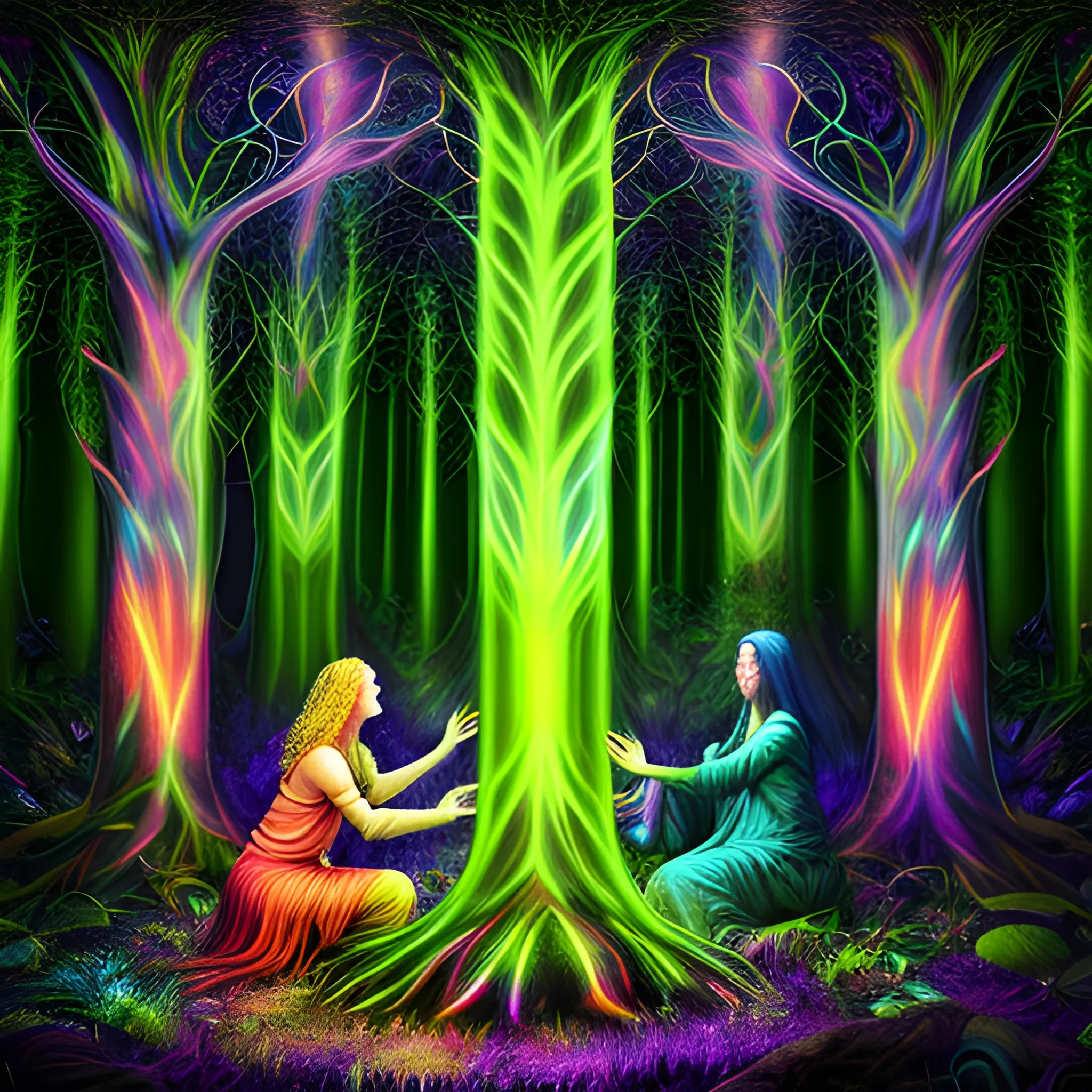 Druid communing with forest creatures, enchanted grove, (extremely colorful:1.3), (psychedelic:1.2), (realistic), (Bio-luminescence:1.3), highly detailed, hyper realistic, perfect artwork, masterpiece, best quality, highers, layered lighting
