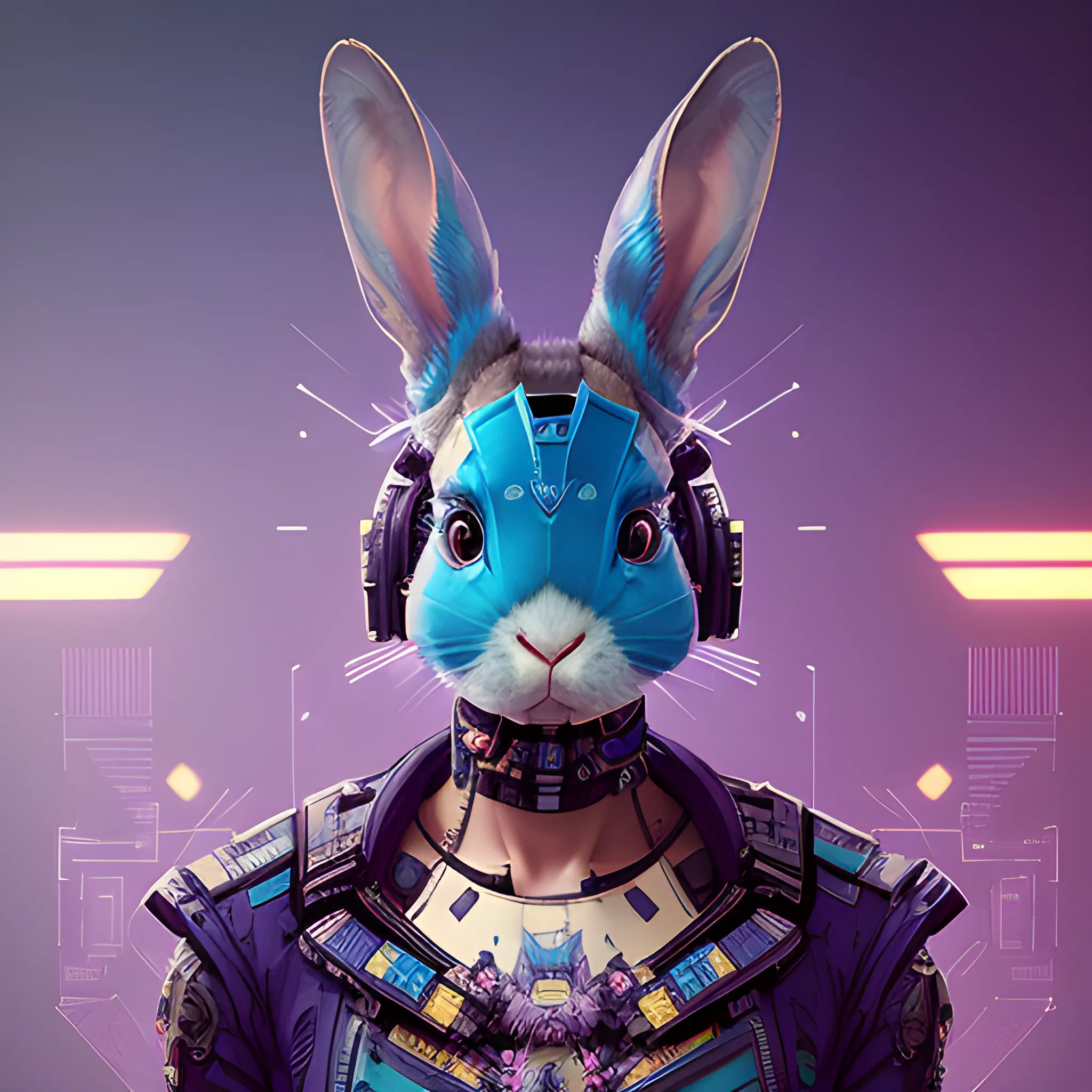 a beautiful portrait of a cute cyberpunk rabbit by sandra chevrier and greg rutkowski and wlop, purple blue color scheme, high key lighting, volumetric light, digital art, highly detailed, fine detail, intricate, ornate, complex, octane render, unreal engine, photorealistic 