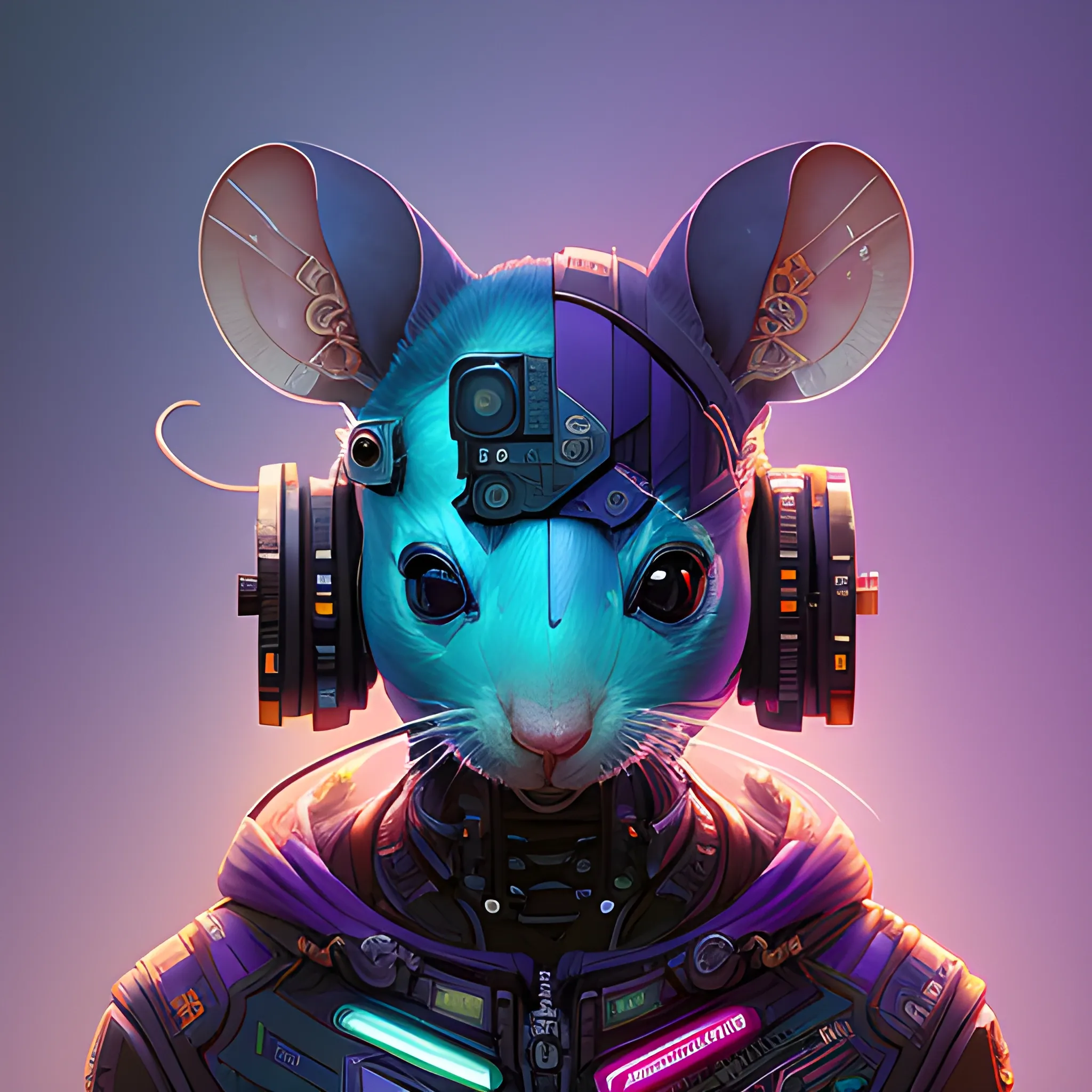 a beautiful portrait of a cute cyberpunk mouse by sandra chevrier and greg rutkowski and wlop, purple blue color scheme, high key lighting, volumetric light, digital art, highly detailed, fine detail, intricate, ornate, complex, octane render, unreal engine, photorealistic 