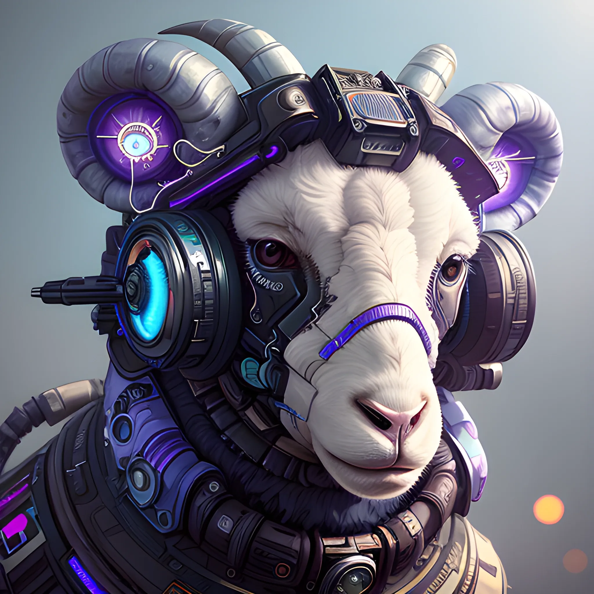 a beautiful portrait of a cute cyberpunk sheep by sandra chevrier and greg rutkowski and wlop, purple blue color scheme, high key lighting, volumetric light, digital art, highly detailed, fine detail, intricate, ornate, complex, octane render, unreal engine, photorealistic 