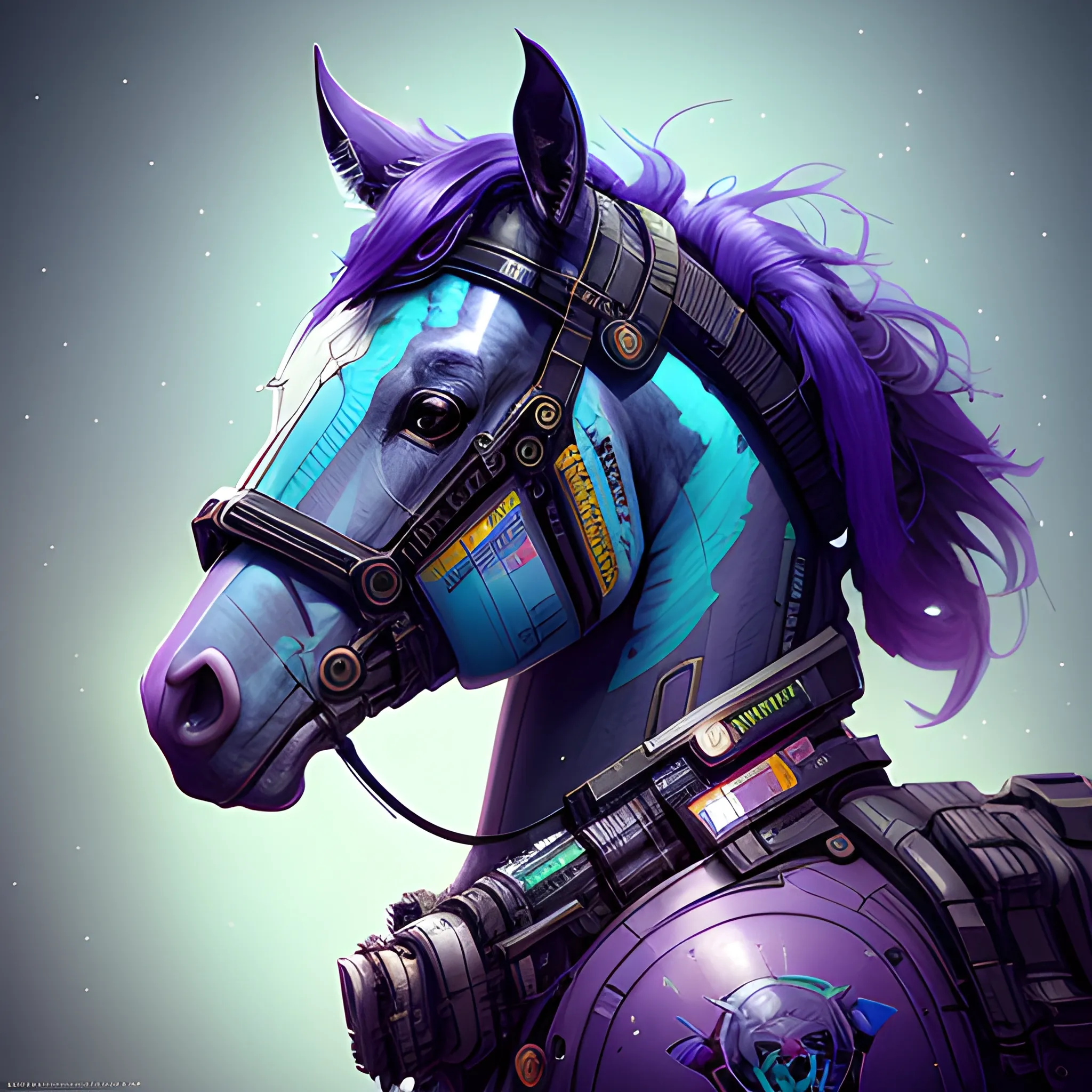 a beautiful portrait of a cute cyberpunk horse by sandra chevrier and greg rutkowski and wlop, purple blue color scheme, high key lighting, volumetric light, digital art, highly detailed, fine detail, intricate, ornate, complex, octane render, unreal engine, photorealistic 