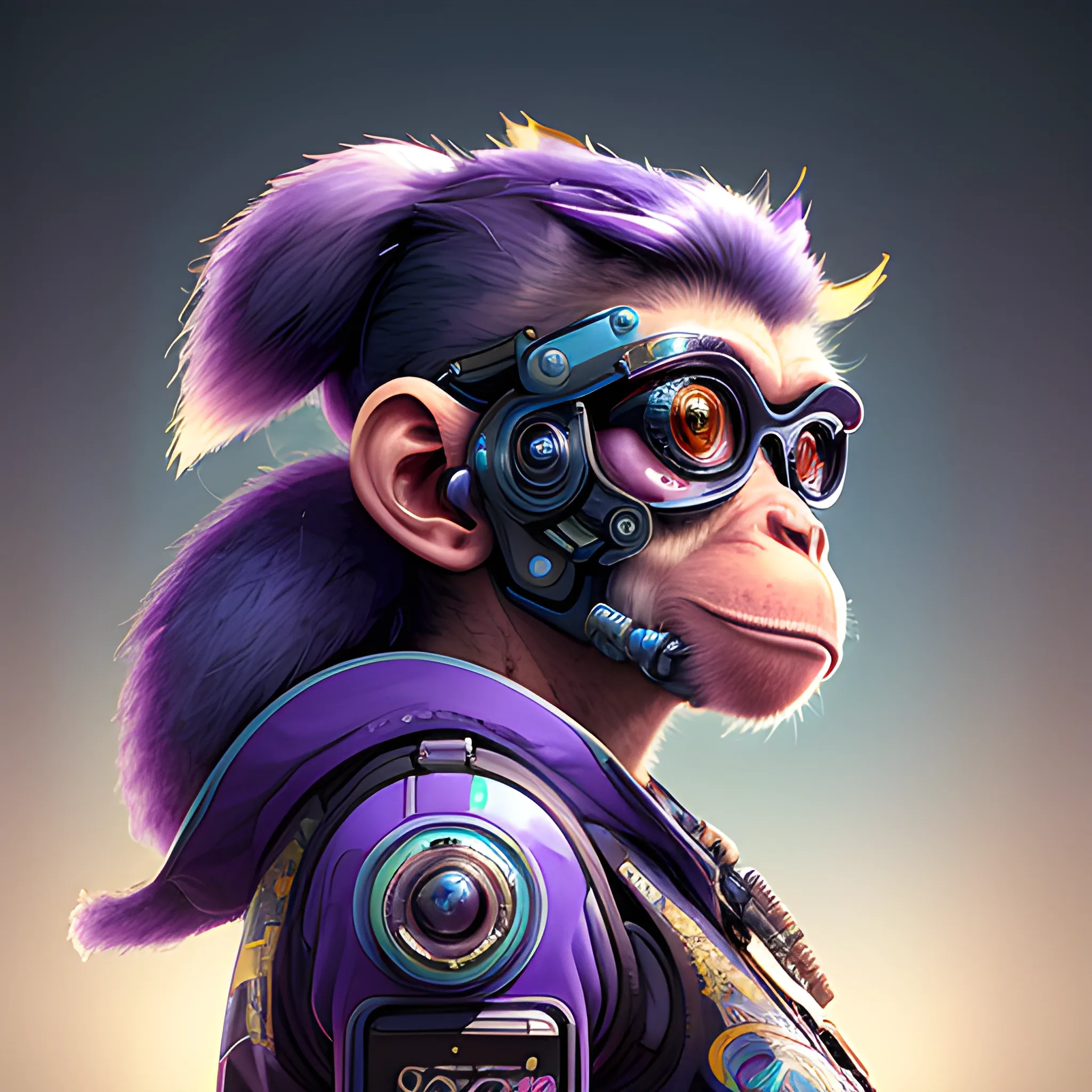 a beautiful portrait of a cute cyberpunk Monkey by sandra chevrier and greg rutkowski and wlop, purple blue color scheme, high key lighting, volumetric light, digital art, highly detailed, fine detail, intricate, ornate, complex, octane render, unreal engine, photorealistic 