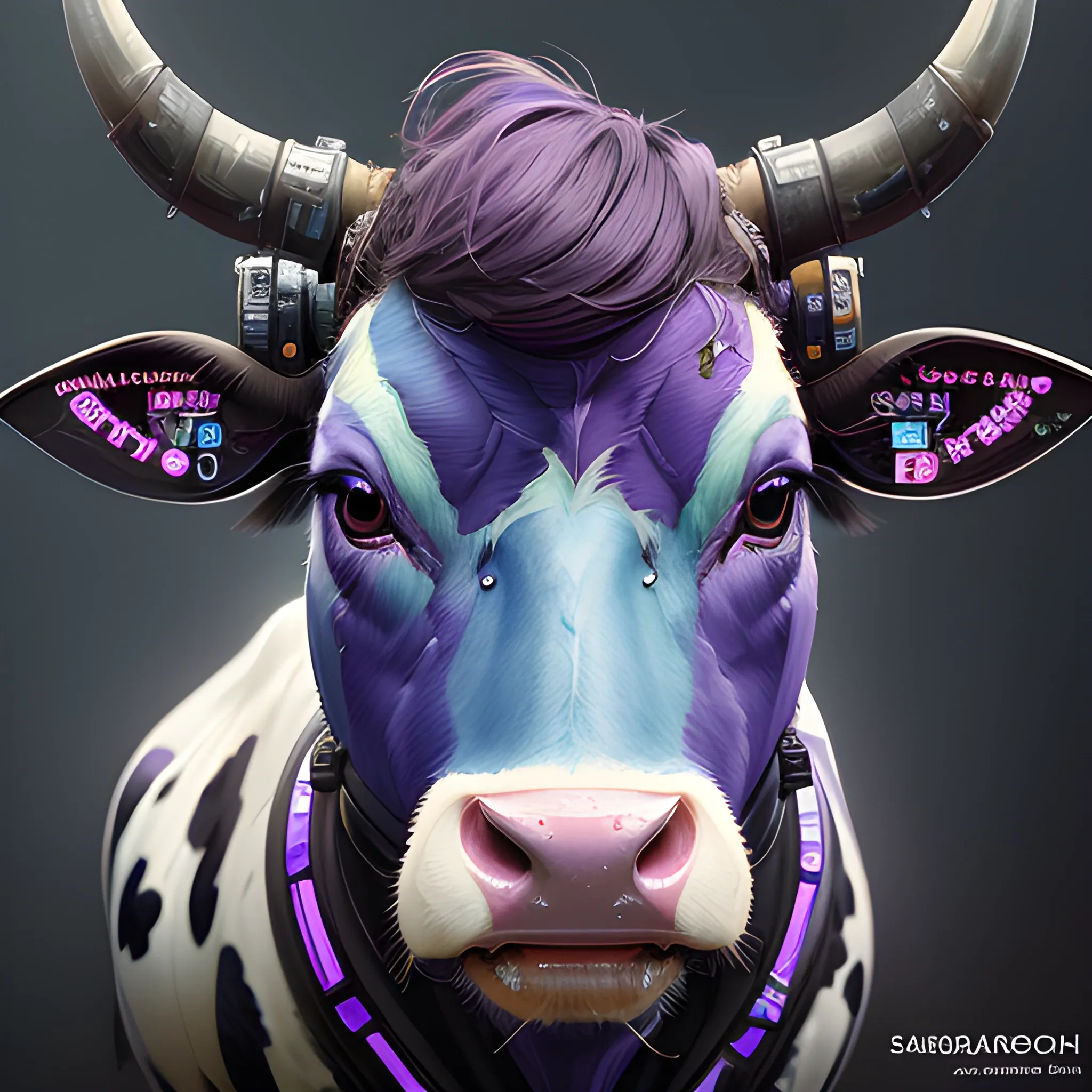 a beautiful portrait of a cute cyberpunk Cow by sandra chevrier and greg rutkowski and wlop, purple blue color scheme, high key lighting, volumetric light, digital art, highly detailed, fine detail, intricate, ornate, complex, octane render, unreal engine, photorealistic 