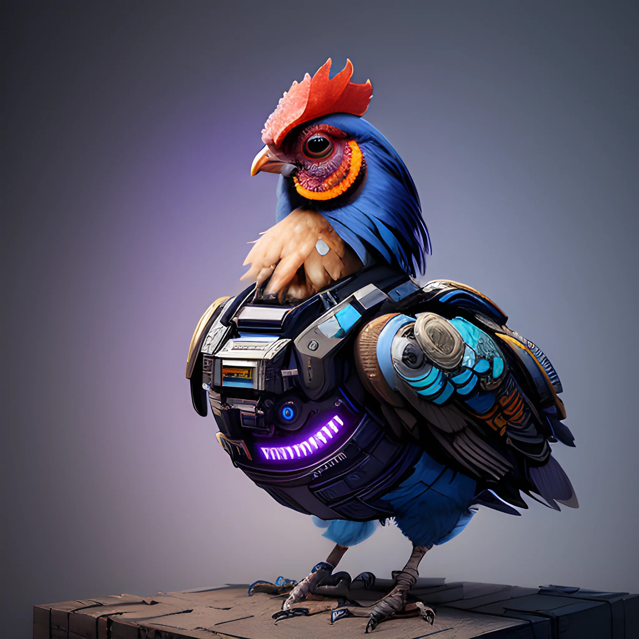 a beautiful portrait of a cute cyberpunk Chicken by sandra chevrier and greg rutkowski and wlop, purple blue color scheme, high key lighting, volumetric light, digital art, highly detailed, fine detail, intricate, ornate, complex, octane render, unreal engine, photorealistic 