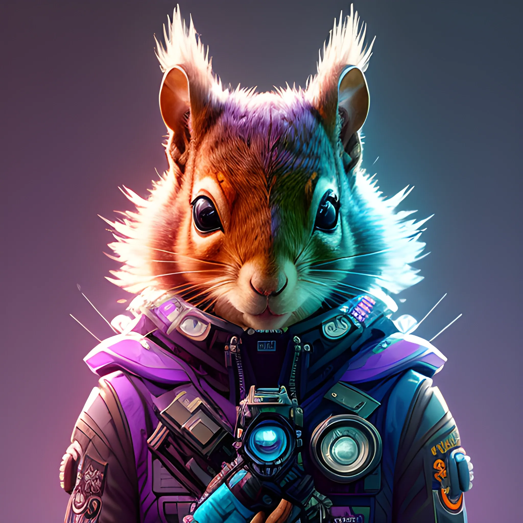 a beautiful portrait of a cute cyberpunk squirrel by sandra chevrier and greg rutkowski and wlop, purple blue color scheme, high key lighting, volumetric light, digital art, highly detailed, fine detail, intricate, ornate, complex, octane render, unreal engine, photorealistic 