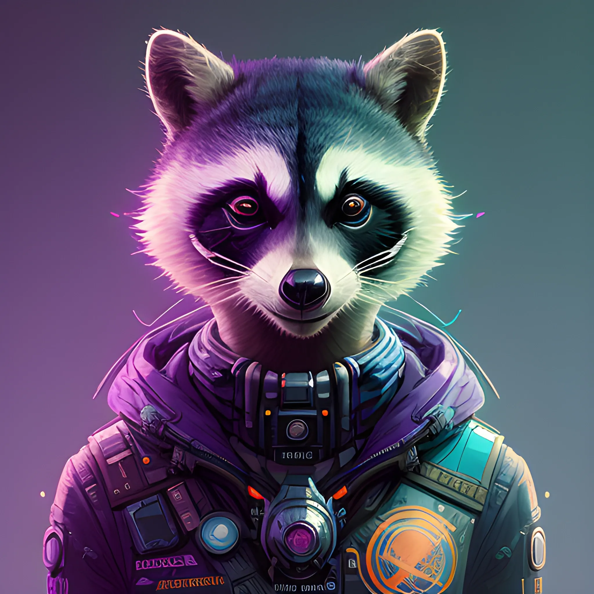 a beautiful portrait of a cute cyberpunk raccoon by sandra chevrier and greg rutkowski and wlop, purple blue color scheme, high key lighting, volumetric light, digital art, highly detailed, fine detail, intricate, ornate, complex, octane render, unreal engine, photorealistic 