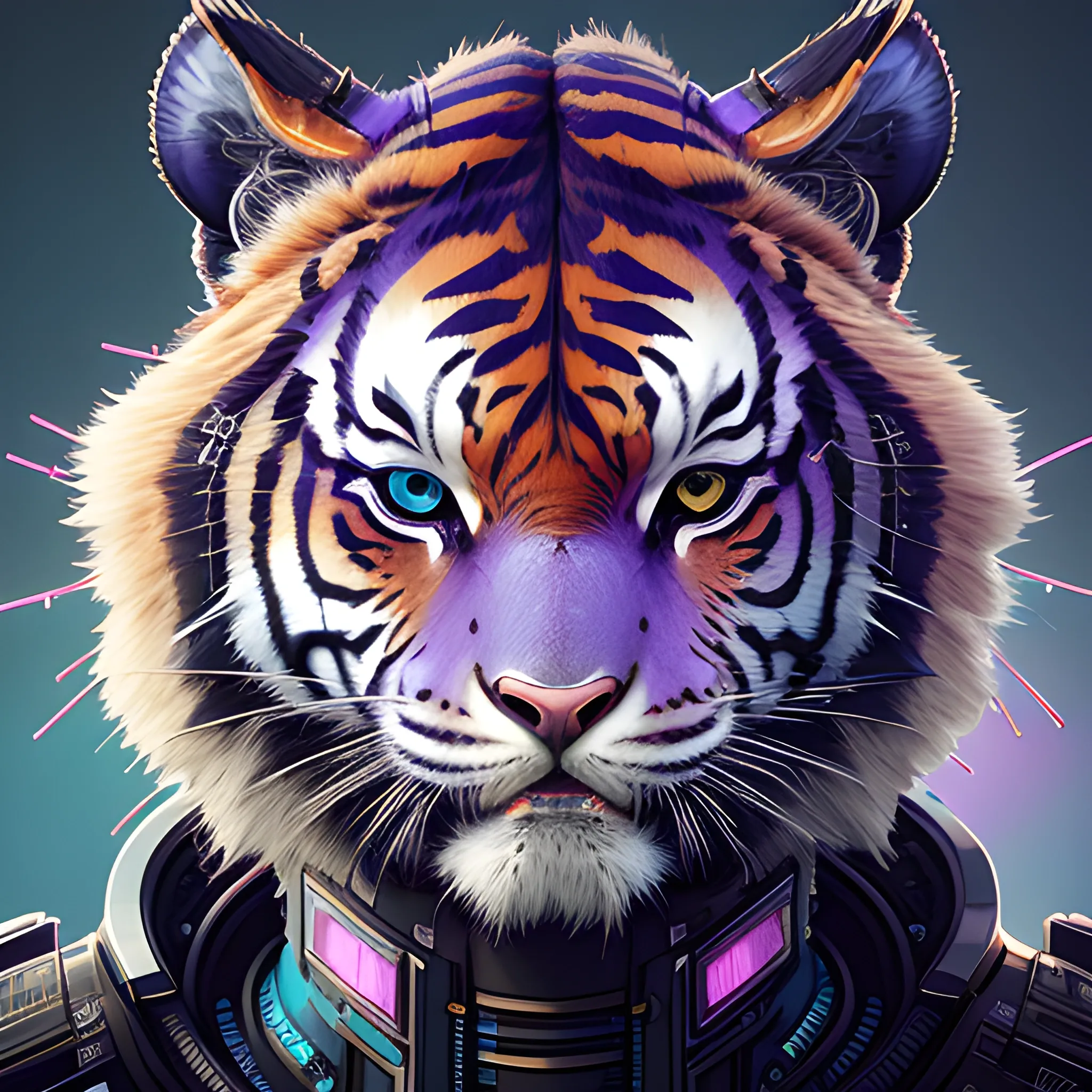 a beautiful portrait of a cute cyberpunk tiger by sandra chevrier and greg rutkowski and wlop, purple blue color scheme, high key lighting, volumetric light, digital art, highly detailed, fine detail, intricate, ornate, complex, octane render, unreal engine, photorealistic 