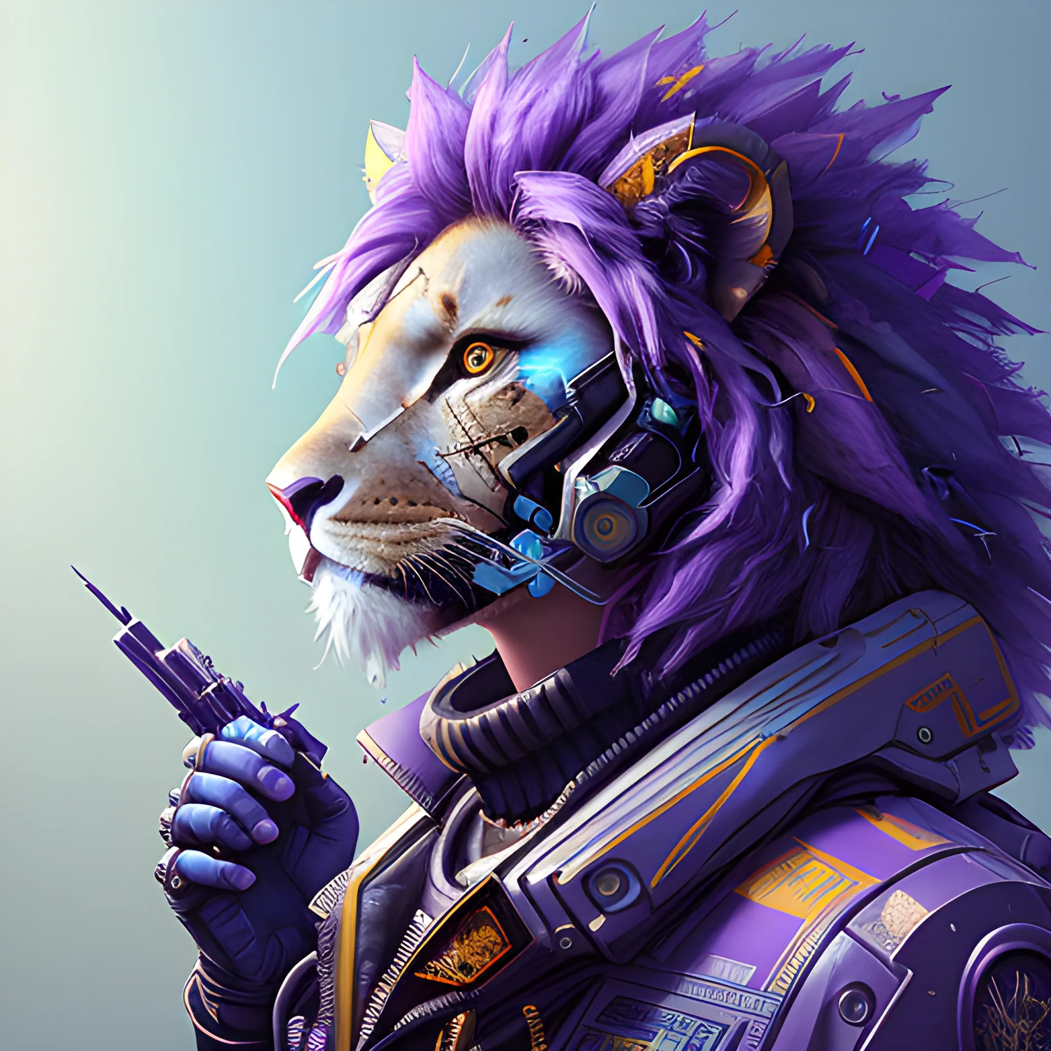 a beautiful portrait of a cute cyberpunk lion by sandra chevrier and greg rutkowski and wlop, purple blue color scheme, high key lighting, volumetric light, digital art, highly detailed, fine detail, intricate, ornate, complex, octane render, unreal engine, photorealistic 