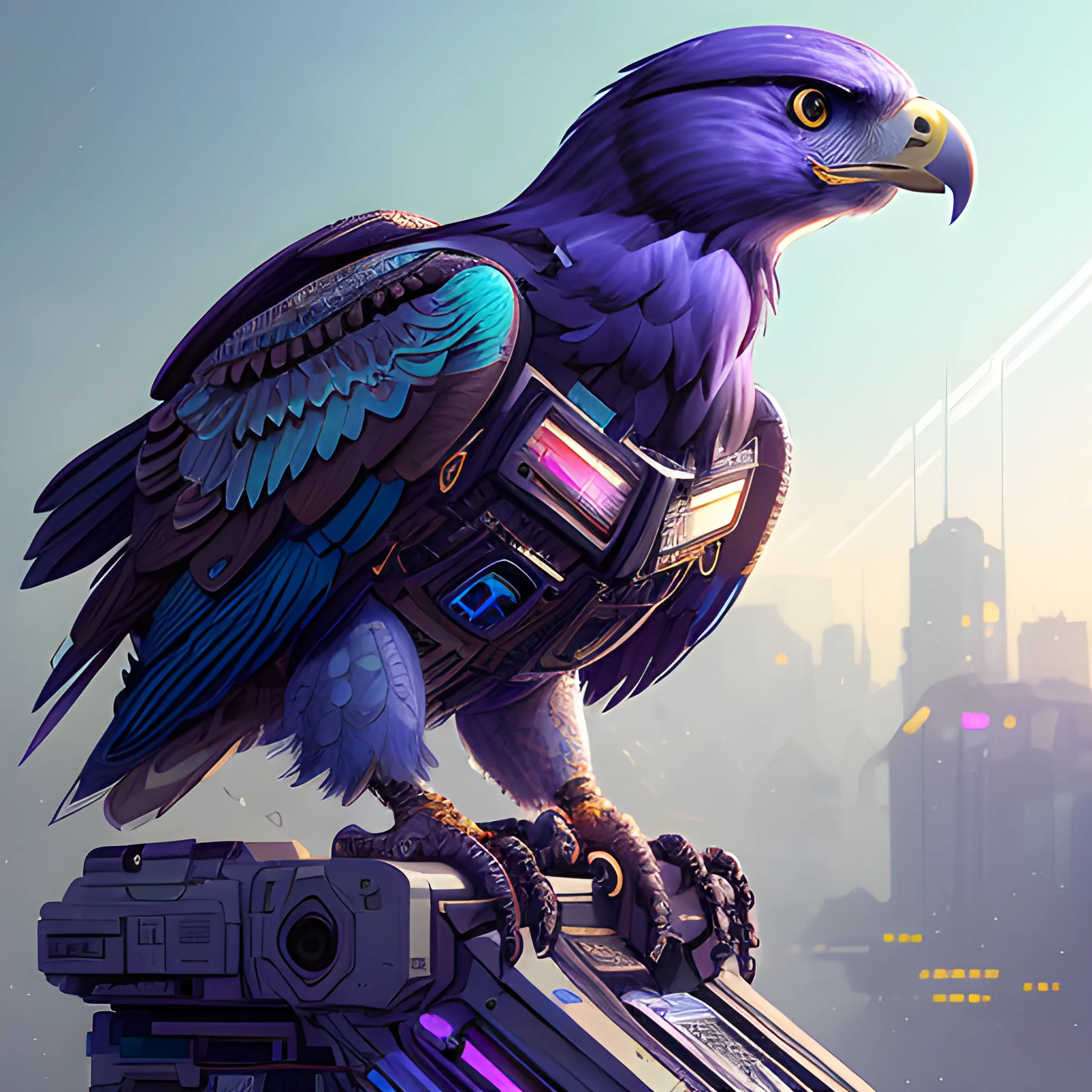 a beautiful portrait of a cute cyberpunk eagle by sandra chevrier and greg rutkowski and wlop, purple blue color scheme, high key lighting, volumetric light, digital art, highly detailed, fine detail, intricate, ornate, complex, octane render, unreal engine, photorealistic 