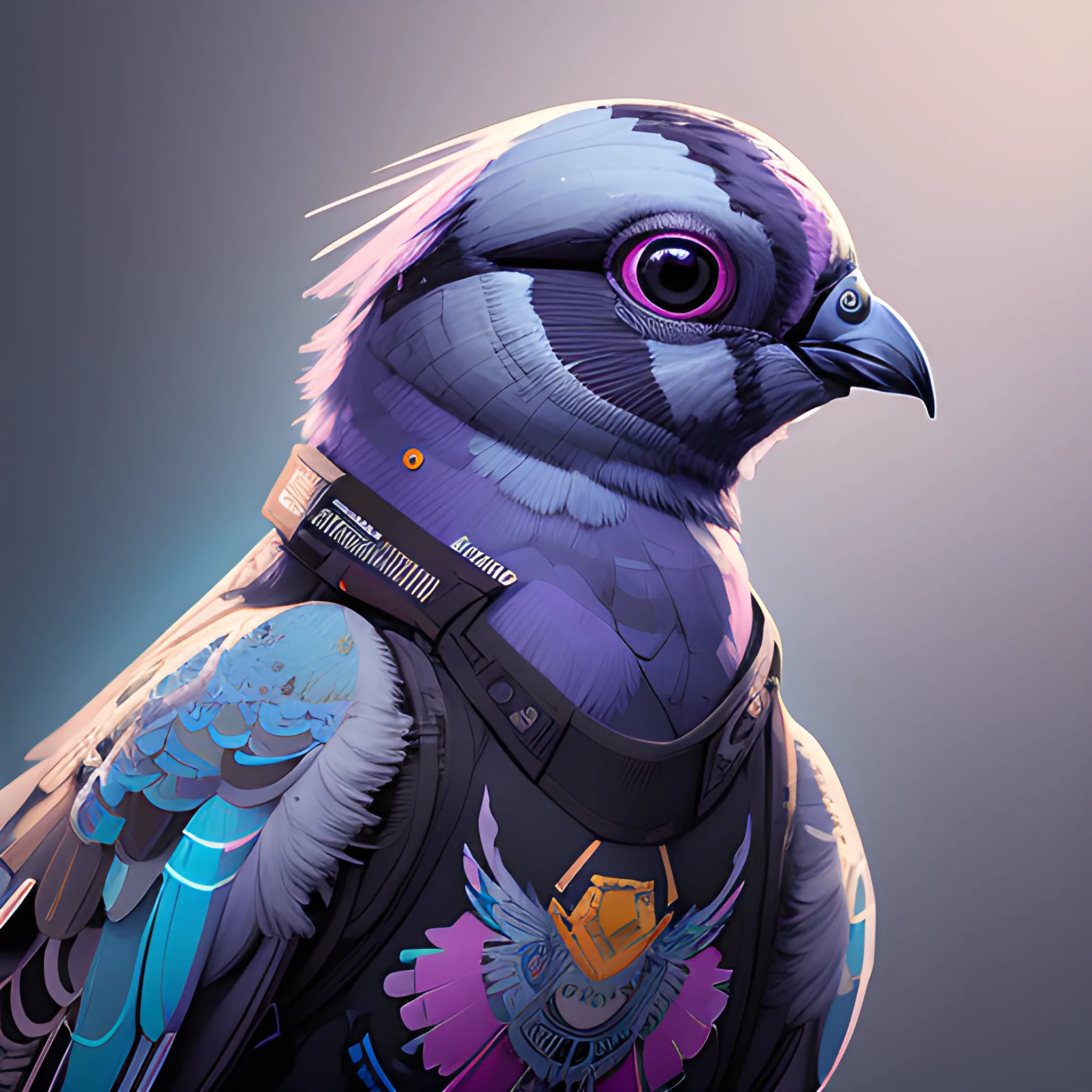 a beautiful portrait of a cute cyberpunk pigeon by sandra chevrier and greg rutkowski and wlop, purple blue color scheme, high key lighting, volumetric light, digital art, highly detailed, fine detail, intricate, ornate, complex, octane render, unreal engine, photorealistic 