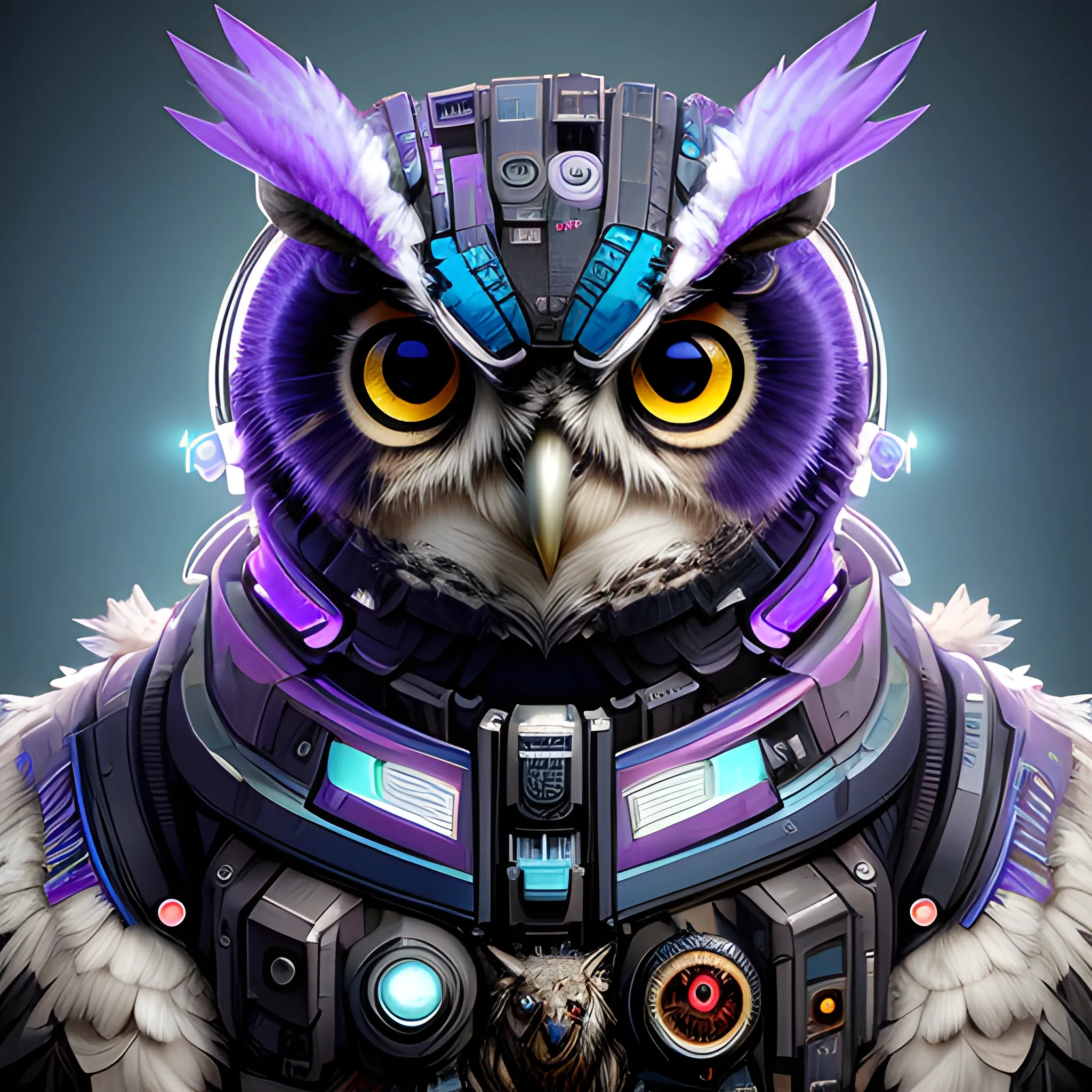 a beautiful portrait of a cute cyberpunk owl, by sandra chevrier and greg rutkowski and wlop, purple blue color scheme, high key lighting, volumetric light, digital art, highly detailed, fine detail, intricate, ornate, complex, octane render, unreal engine, photorealistic 