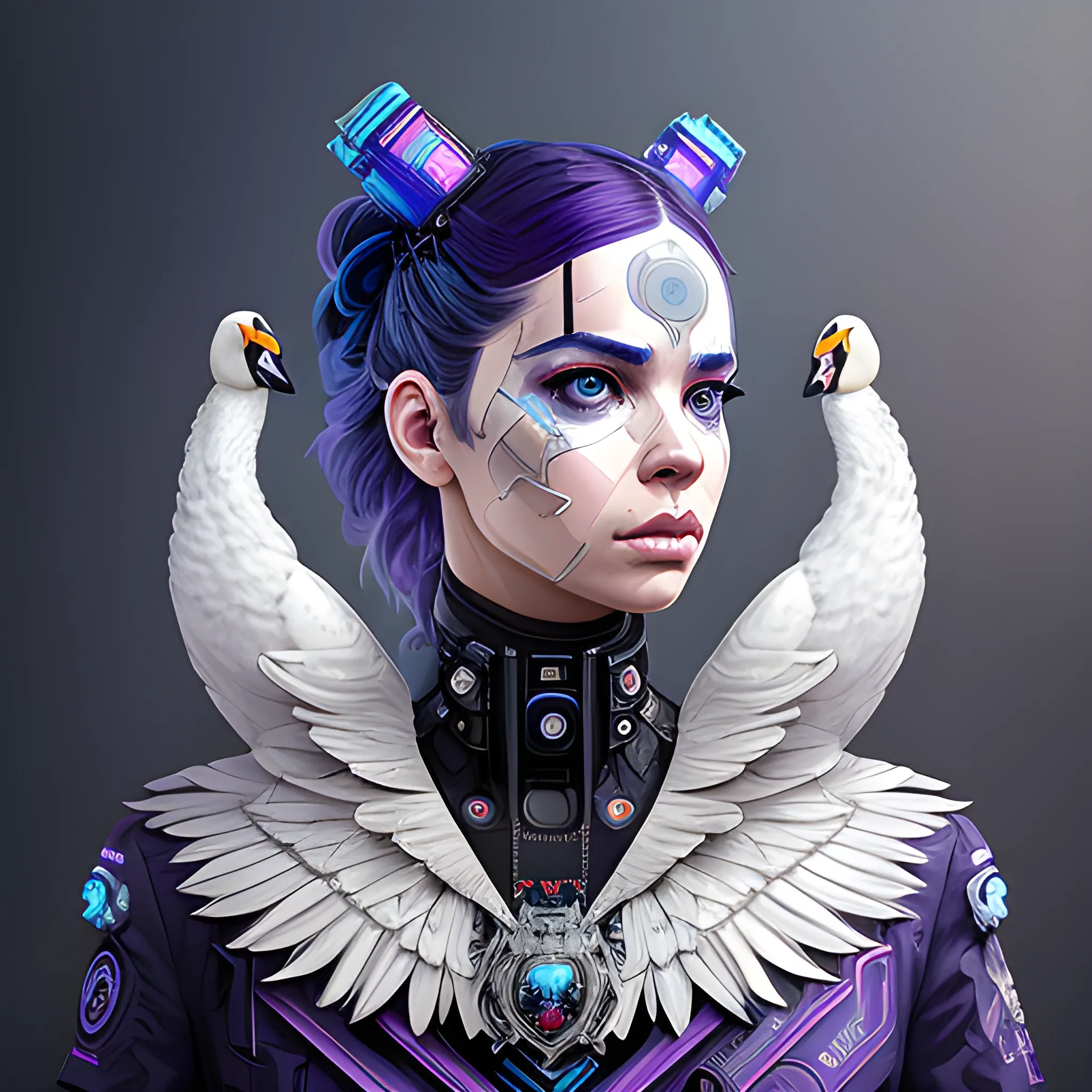 a beautiful portrait of a cute cyberpunk swan, by sandra chevrier and greg rutkowski and wlop, purple blue color scheme, high key lighting, volumetric light, digital art, highly detailed, fine detail, intricate, ornate, complex, octane render, unreal engine, photorealistic 