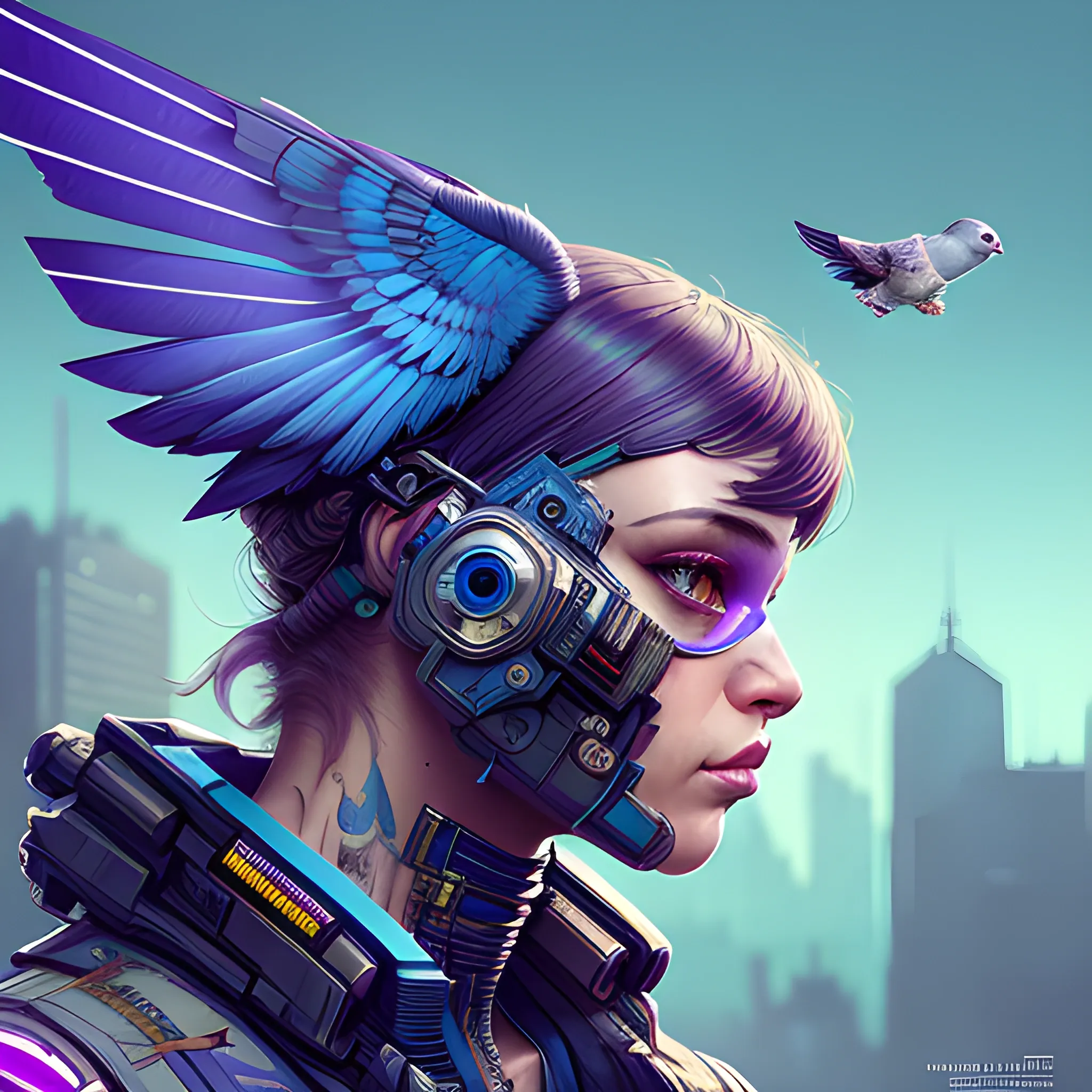 a beautiful portrait of a cute cyberpunk homing pigeon, by sandra chevrier and greg rutkowski and wlop, purple blue color scheme, high key lighting, volumetric light, digital art, highly detailed, fine detail, intricate, ornate, complex, octane render, unreal engine, photorealistic 