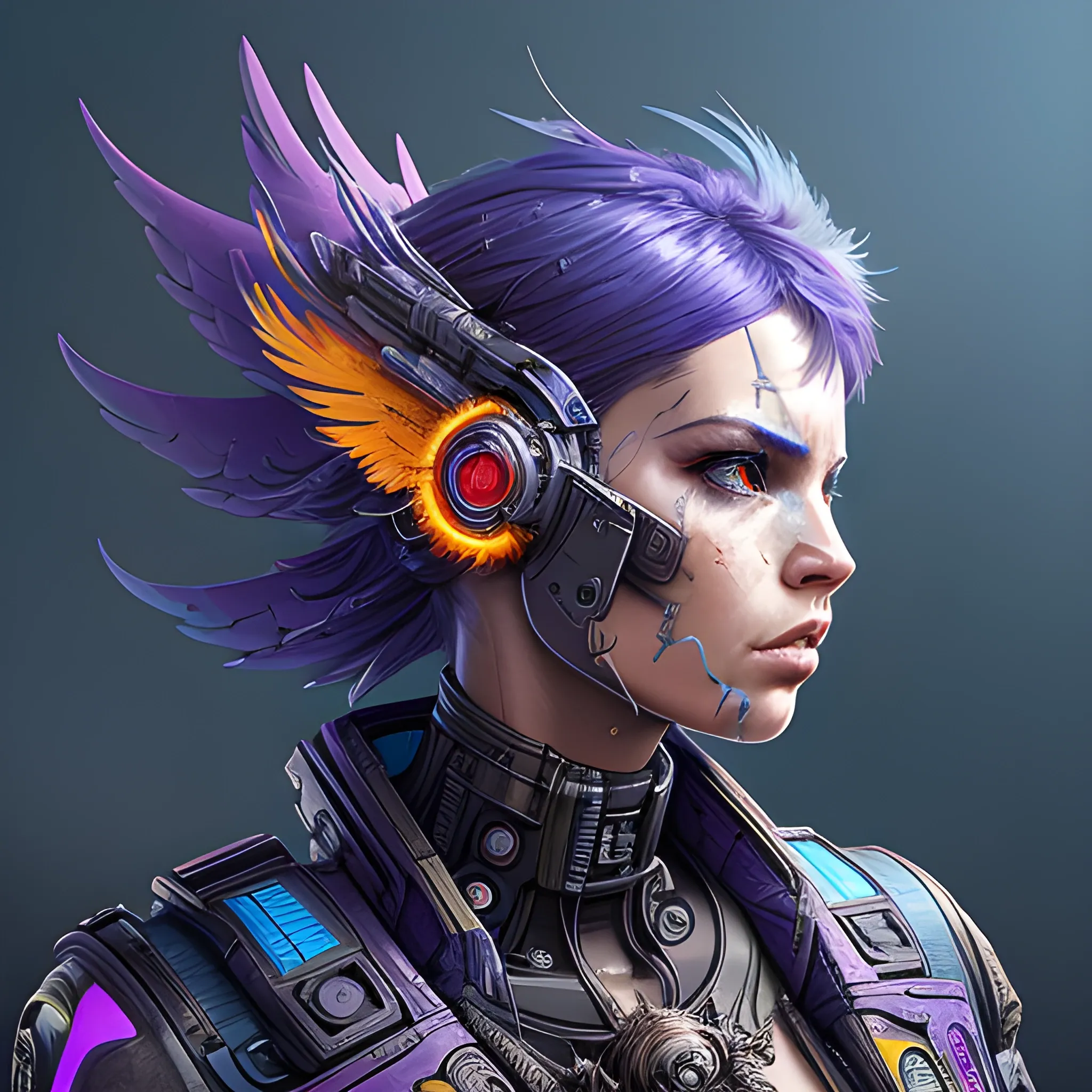 a beautiful portrait of a cute cyberpunk phoenix by sandra chevrier and greg rutkowski and wlop, purple blue color scheme, high key lighting, volumetric light, digital art, highly detailed, fine detail, intricate, ornate, complex, octane render, unreal engine, photorealistic 