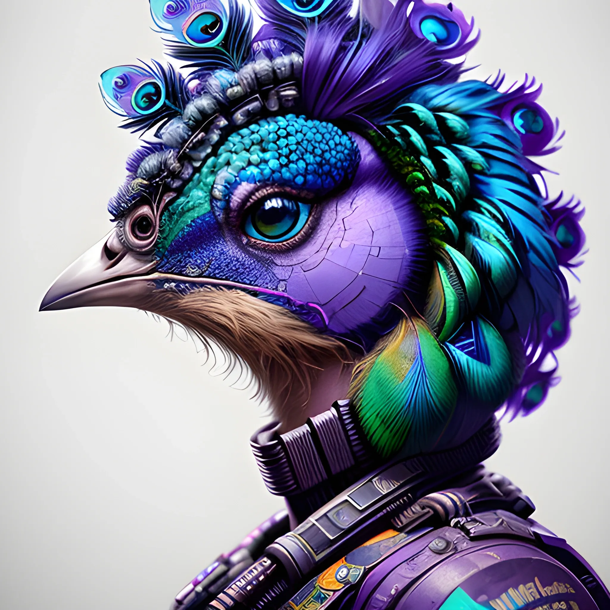 a beautiful portrait of a cute cyberpunk peacock by sandra chevrier and greg rutkowski and wlop, purple blue color scheme, high key lighting, volumetric light, digital art, highly detailed, fine detail, intricate, ornate, complex, octane render, unreal engine, photorealistic 