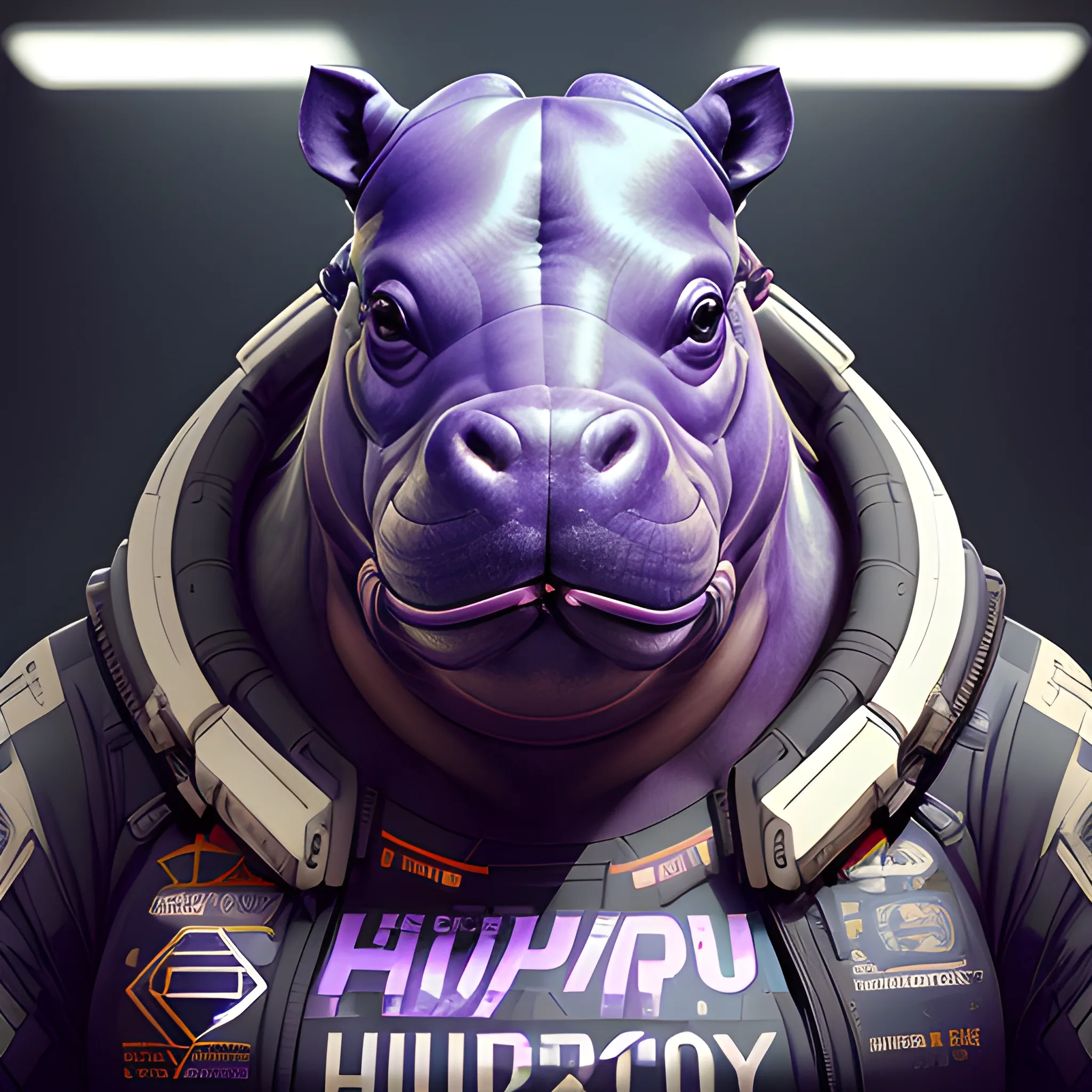 a beautiful portrait of a cute cyberpunk hippopotamus by sandra chevrier and greg rutkowski and wlop, purple blue color scheme, high key lighting, volumetric light, digital art, highly detailed, fine detail, intricate, ornate, complex, octane render, unreal engine, photorealistic 