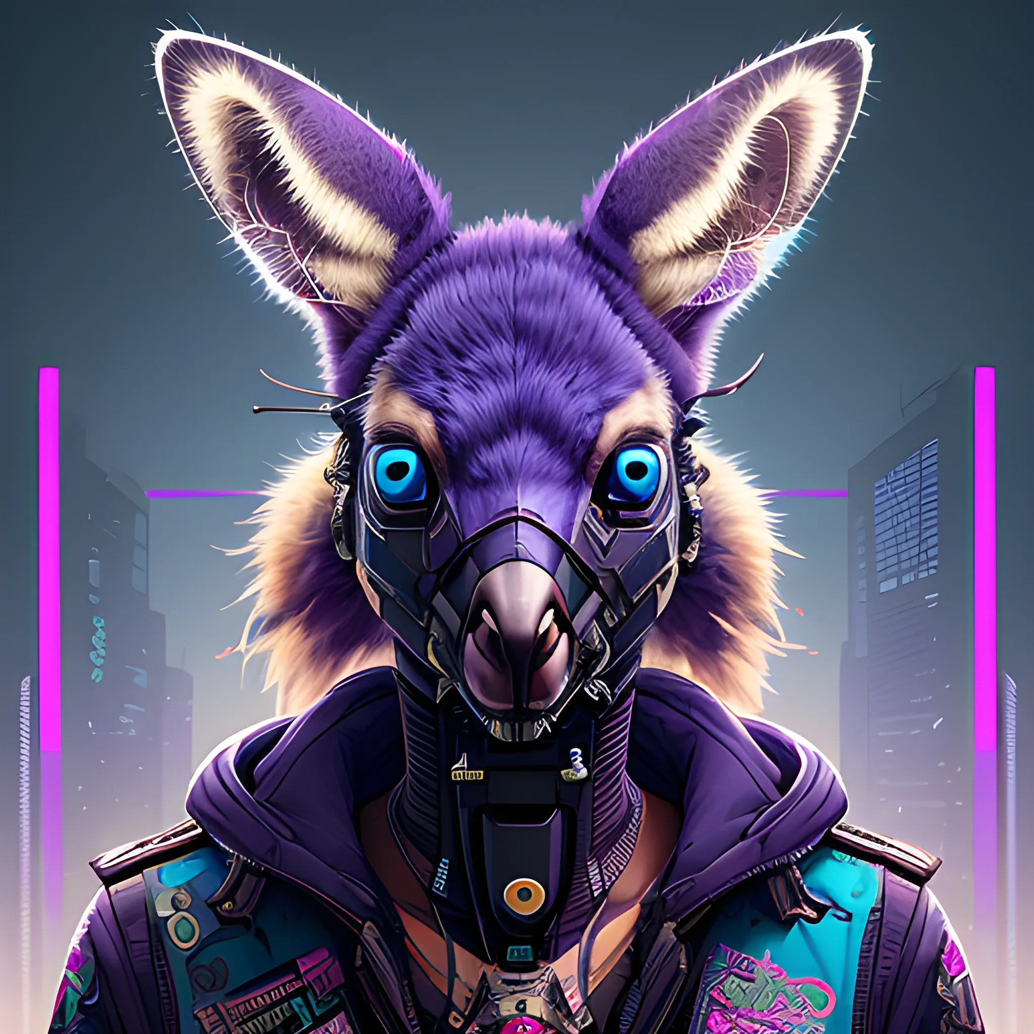 a beautiful portrait of a cute cyberpunk kangaroo by sandra chevrier and greg rutkowski and wlop, purple blue color scheme, high key lighting, volumetric light, digital art, highly detailed, fine detail, intricate, ornate, complex, octane render, unreal engine, photorealistic 