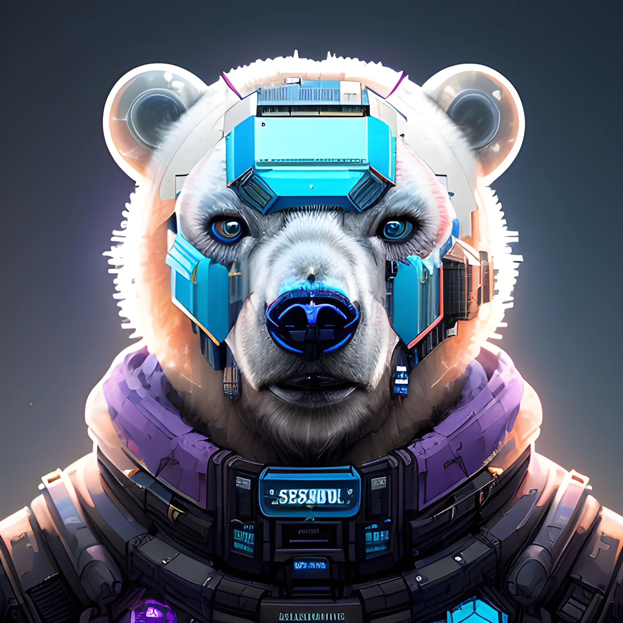 a beautiful portrait of a cute cyberpunk polar bear, by sandra chevrier and greg rutkowski and wlop, purple blue color scheme, high key lighting, volumetric light, digital art, highly detailed, fine detail, intricate, ornate, complex, octane render, unreal engine, photorealistic 