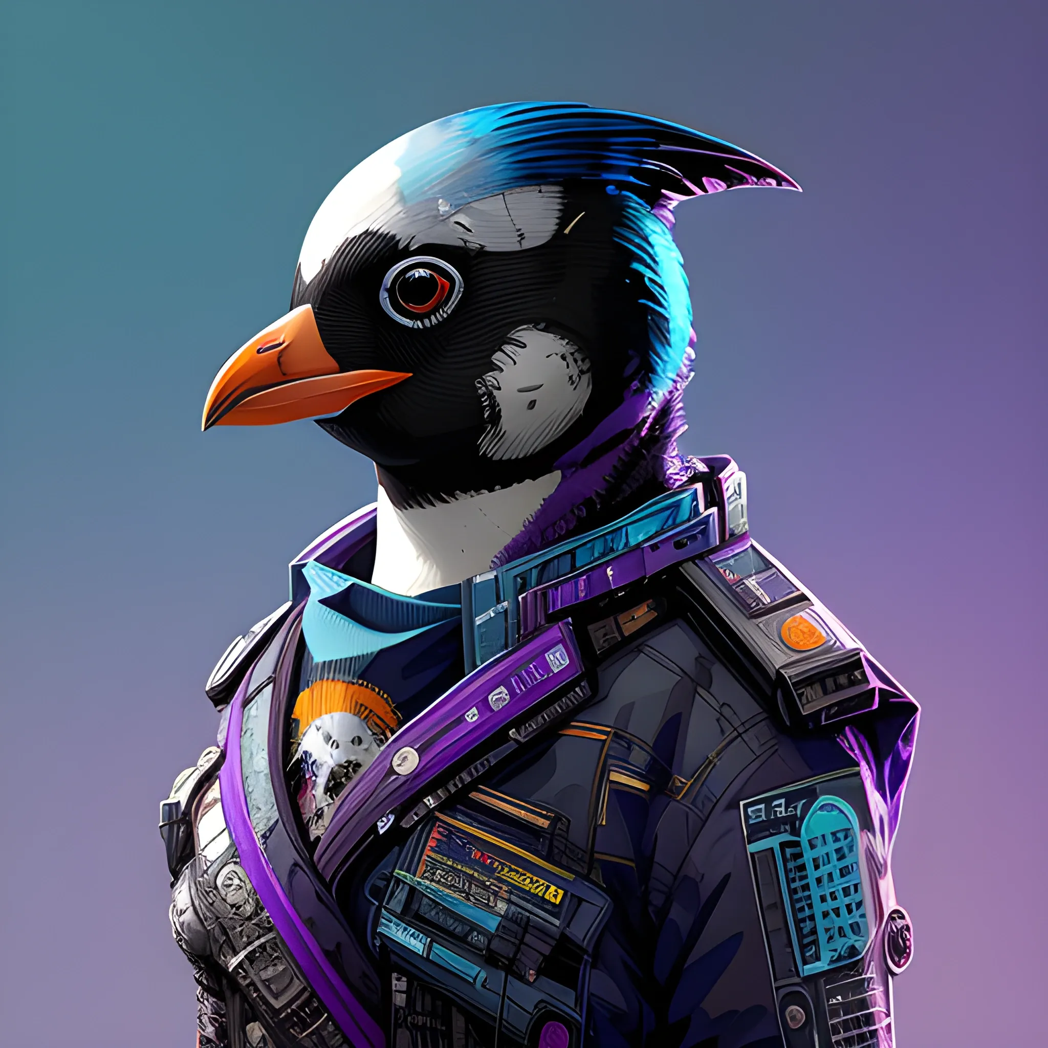 a beautiful portrait of a cute cyberpunk penguin, by sandra chevrier and greg rutkowski and wlop, purple blue color scheme, high key lighting, volumetric light, digital art, highly detailed, fine detail, intricate, ornate, complex, octane render, unreal engine, photorealistic 