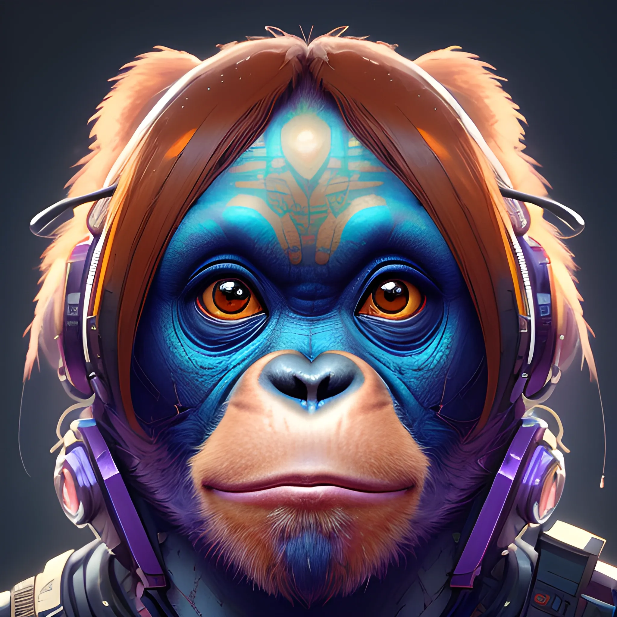 a beautiful portrait of a cute cyberpunk orangutan, by sandra chevrier and greg rutkowski and wlop, purple blue color scheme, high key lighting, volumetric light, digital art, highly detailed, fine detail, intricate, ornate, complex, octane render, unreal engine, photorealistic 