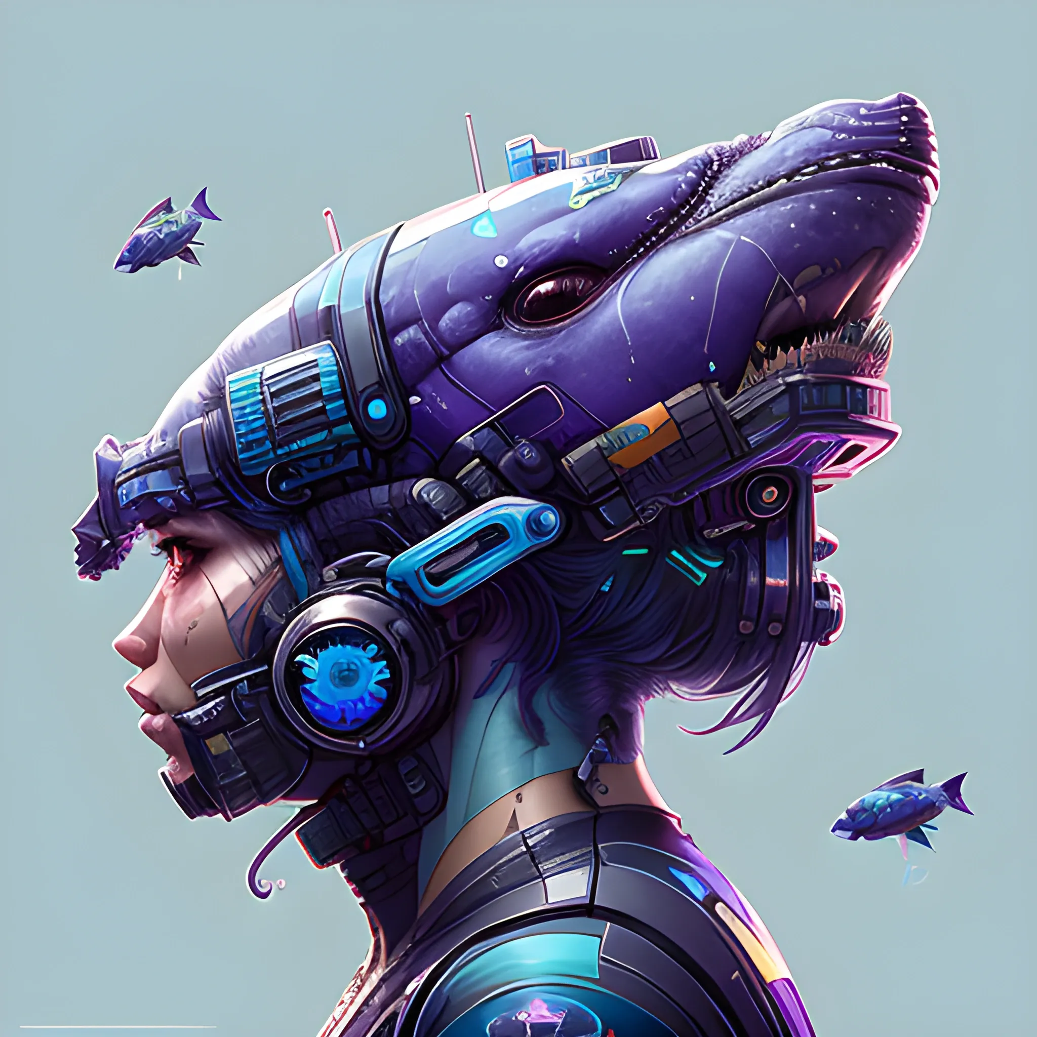 a beautiful portrait of a cute cyberpunk whale, by sandra chevrier and greg rutkowski and wlop, purple blue color scheme, high key lighting, volumetric light, digital art, highly detailed, fine detail, intricate, ornate, complex, octane render, unreal engine, photorealistic 