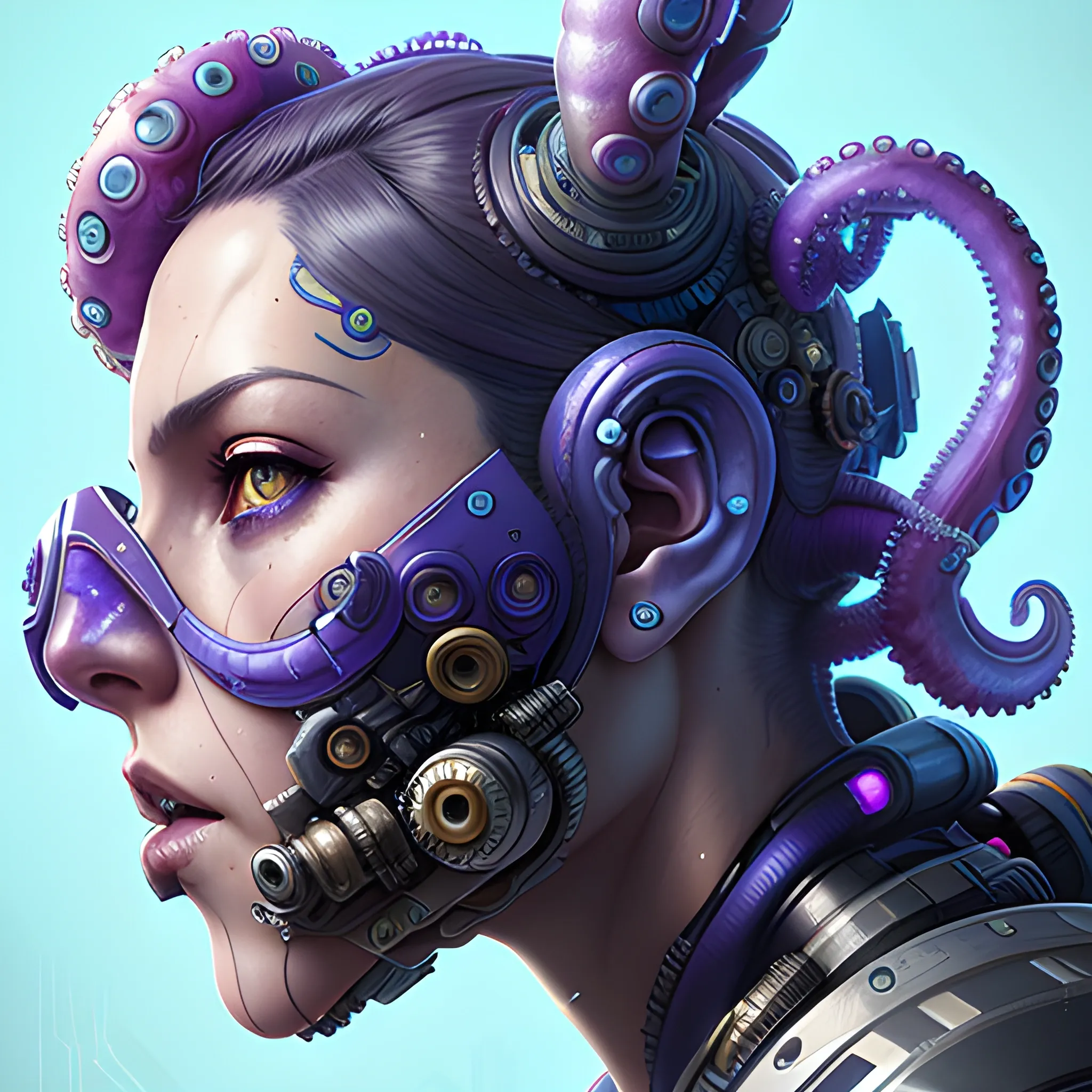 a beautiful portrait of a cute cyberpunk octopus, by sandra chevrier and greg rutkowski and wlop, purple blue color scheme, high key lighting, volumetric light, digital art, highly detailed, fine detail, intricate, ornate, complex, octane render, unreal engine, photorealistic 