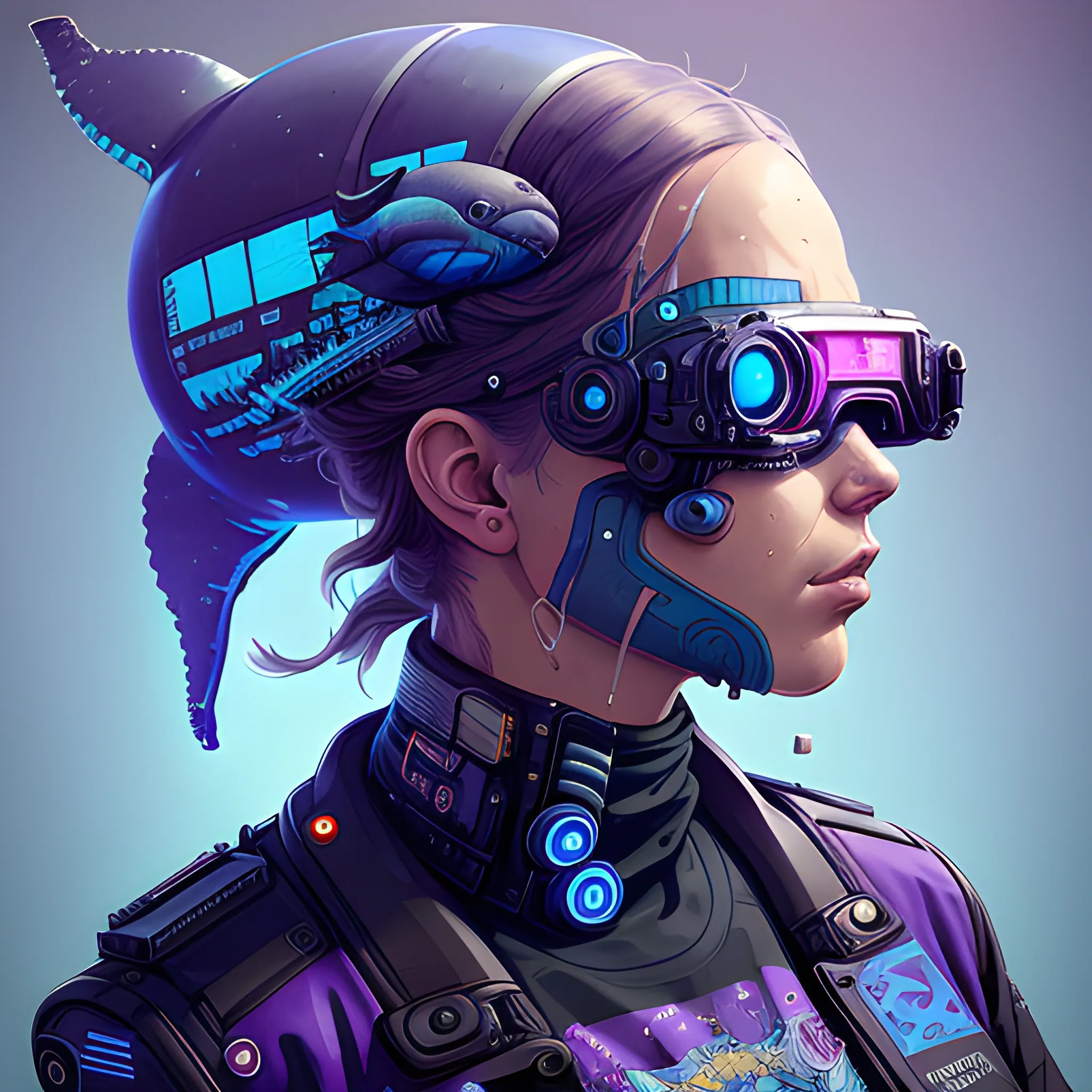 a beautiful portrait of a cute cyberpunk whale by sandra chevrier and greg rutkowski and wlop, purple blue color scheme, high key lighting, volumetric light, digital art, highly detailed, fine detail, intricate, ornate, complex, octane render, unreal engine, photorealistic 