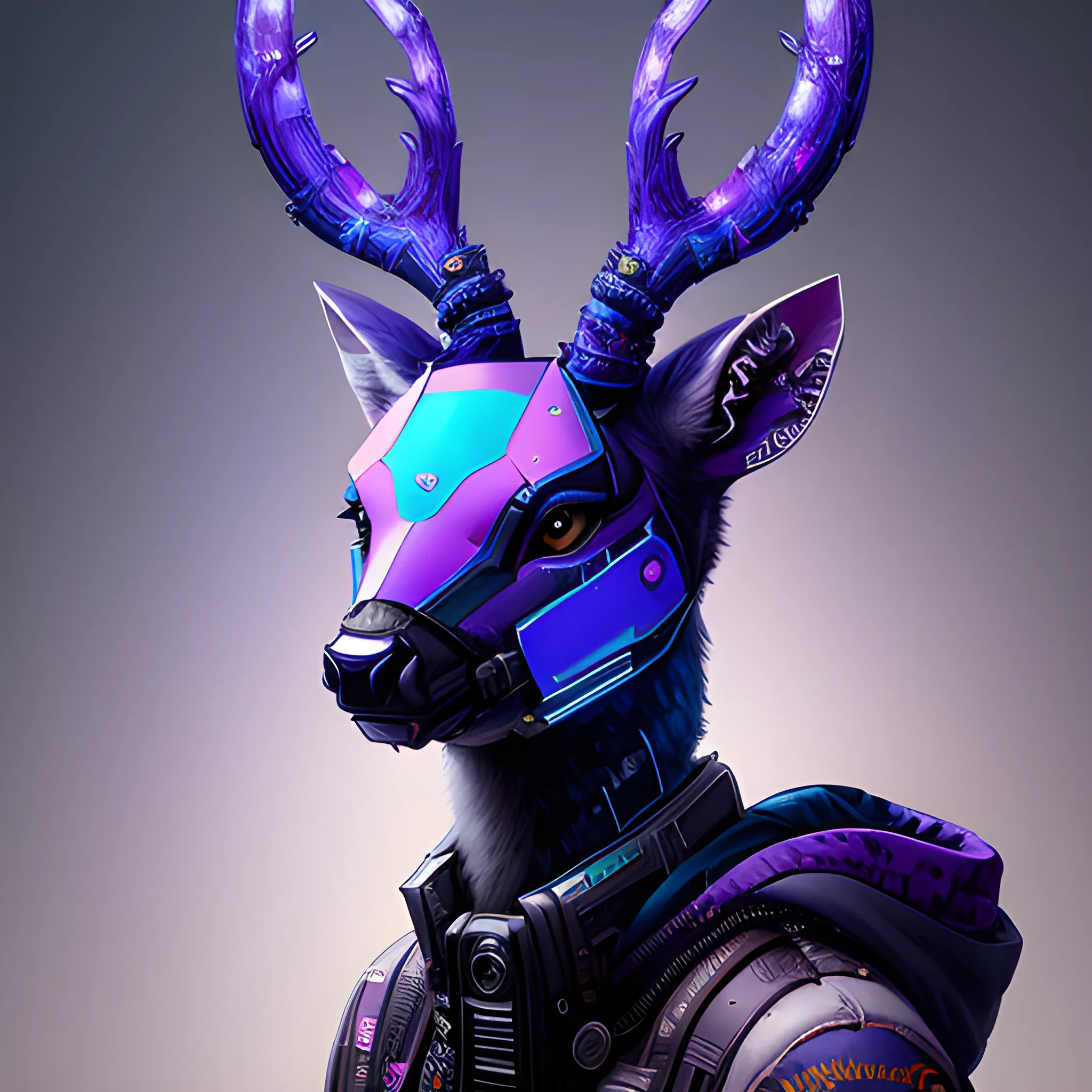 a beautiful portrait of a cute cyberpunk deer by sandra chevrier and greg rutkowski and wlop, purple blue color scheme, high key lighting, volumetric light, digital art, highly detailed, fine detail, intricate, ornate, complex, octane render, unreal engine, photorealistic 