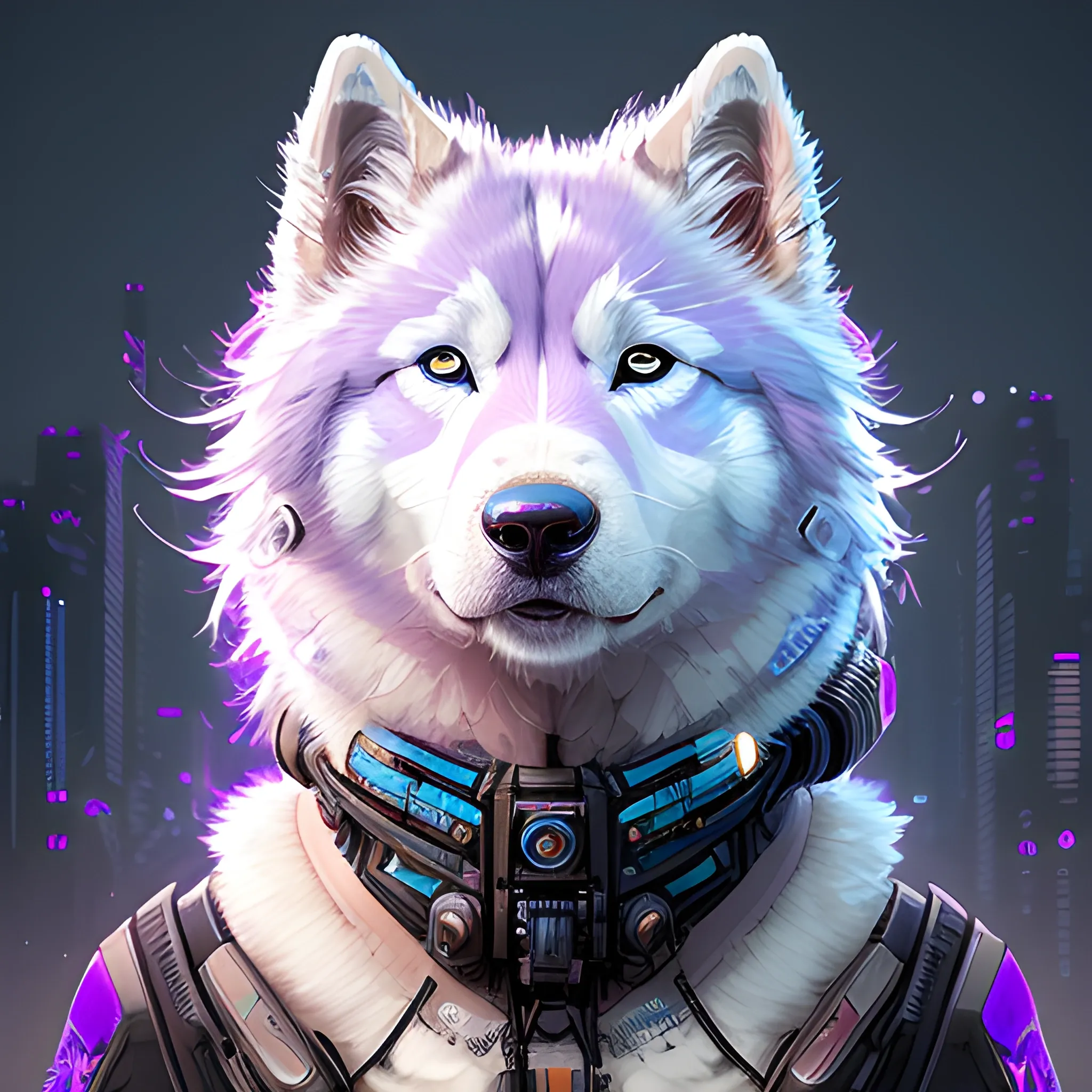 a beautiful portrait of a cute cyberpunk Samoyed  by sandra chevrier and greg rutkowski and wlop, purple blue color scheme, high key lighting, volumetric light, digital art, highly detailed, fine detail, intricate, ornate, complex, octane render, unreal engine, photorealistic 