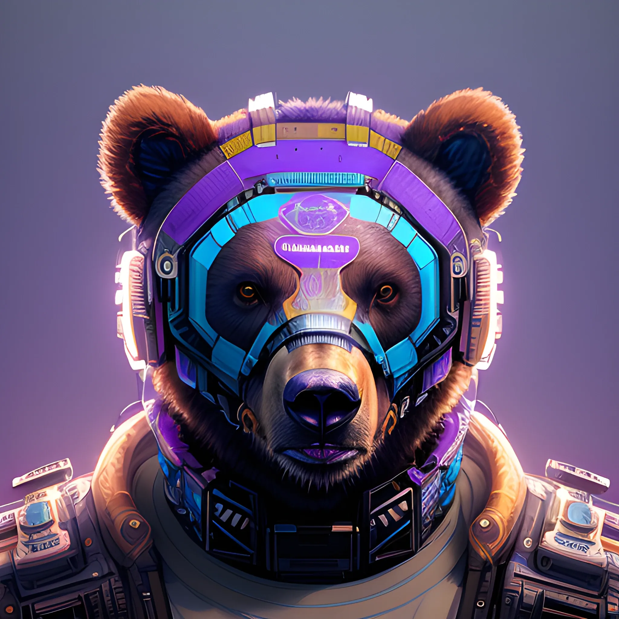 a beautiful portrait of a cute cyberpunk Brown Bear  by sandra chevrier and greg rutkowski and wlop, purple blue color scheme, high key lighting, volumetric light, digital art, highly detailed, fine detail, intricate, ornate, complex, octane render, unreal engine, photorealistic 