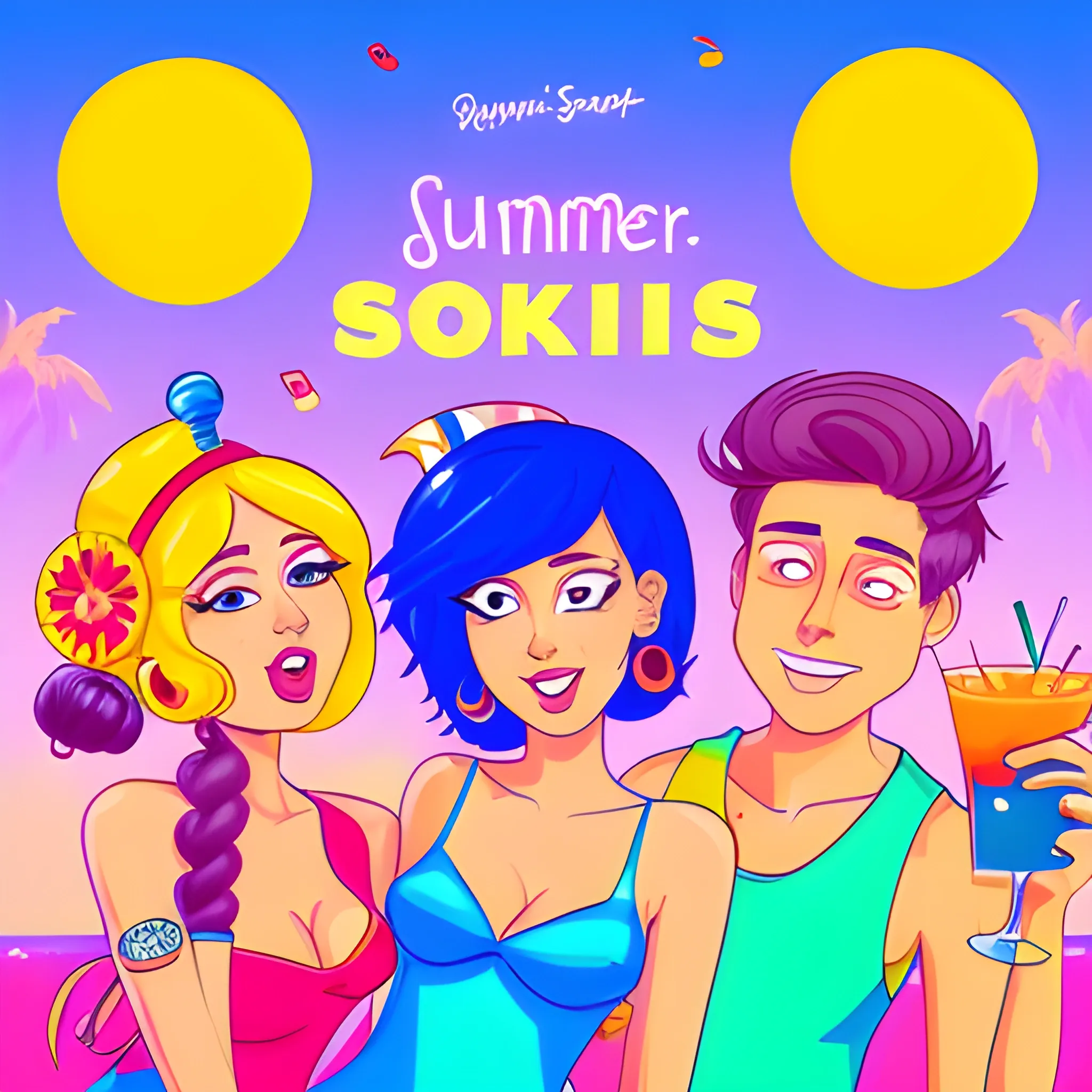 A Music cover art with summer style, party with cocktails, colourful, cartoon