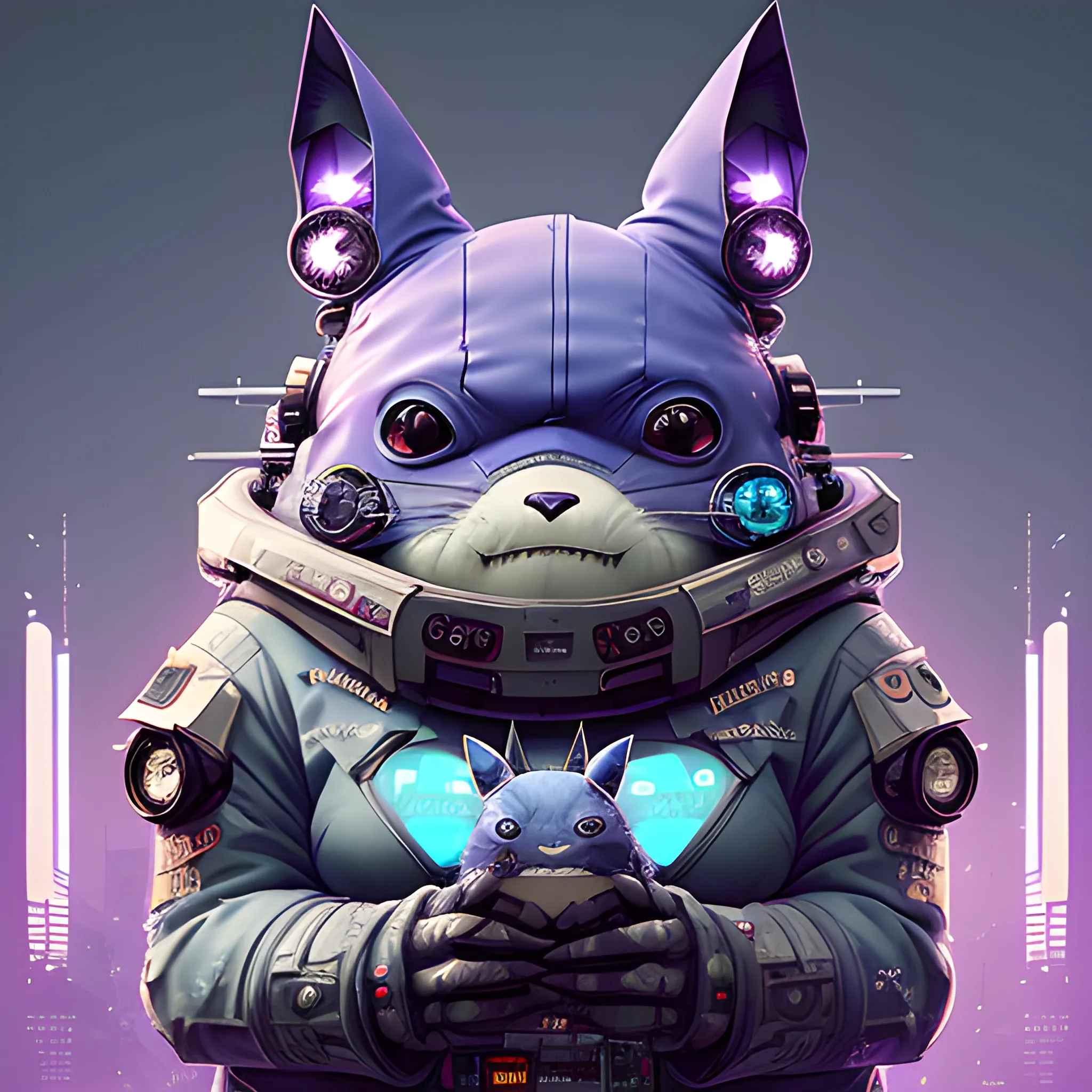 a beautiful portrait of a cute cyberpunk Totoro  by sandra chevrier and greg rutkowski and wlop, purple blue color scheme, high key lighting, volumetric light, digital art, highly detailed, fine detail, intricate, ornate, complex, octane render, unreal engine, photorealistic 