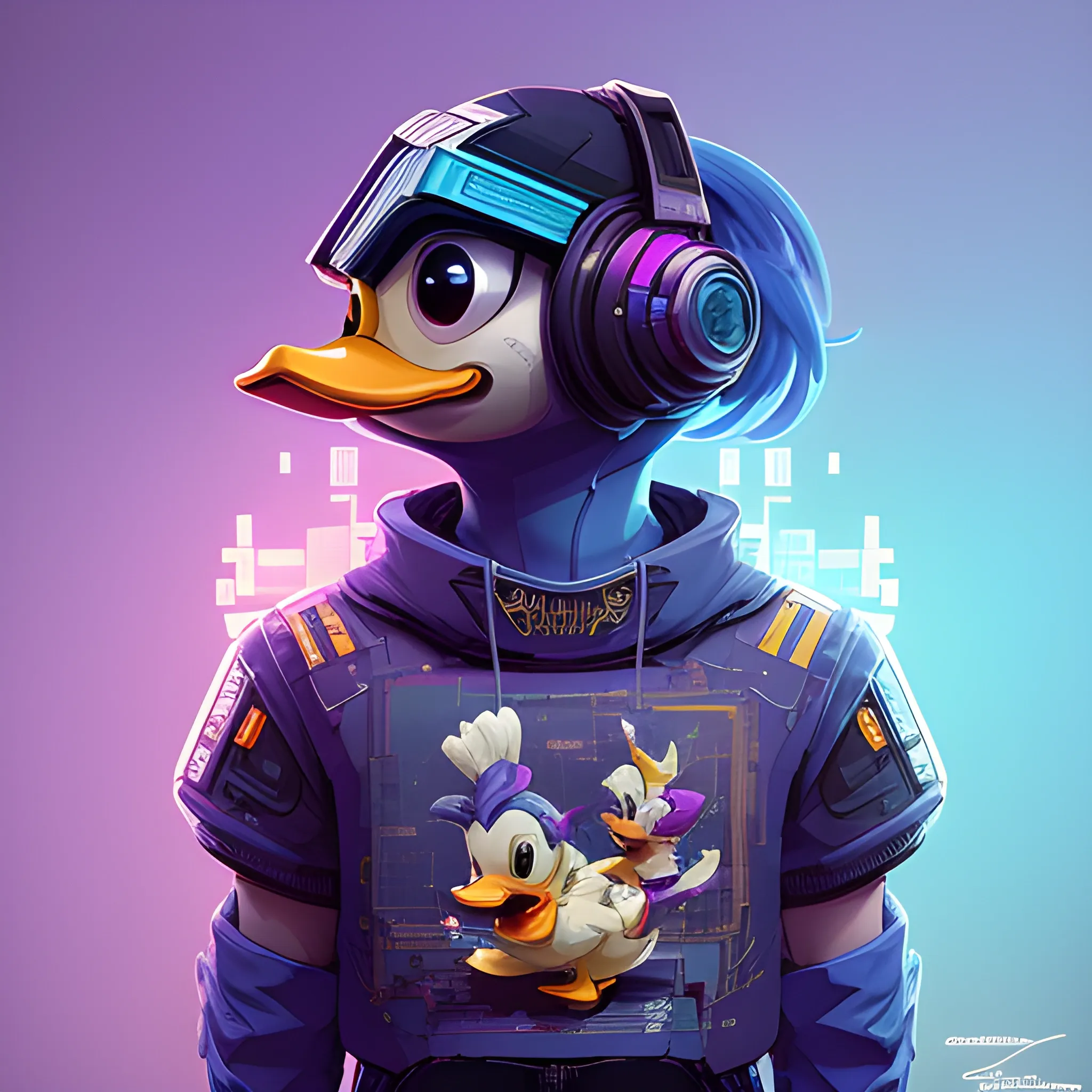 a beautiful portrait of a cute cyberpunk Donald Duck  by sandra chevrier and greg rutkowski and wlop, purple blue color scheme, high key lighting, volumetric light, digital art, highly detailed, fine detail, intricate, ornate, complex, octane render, unreal engine, photorealistic 