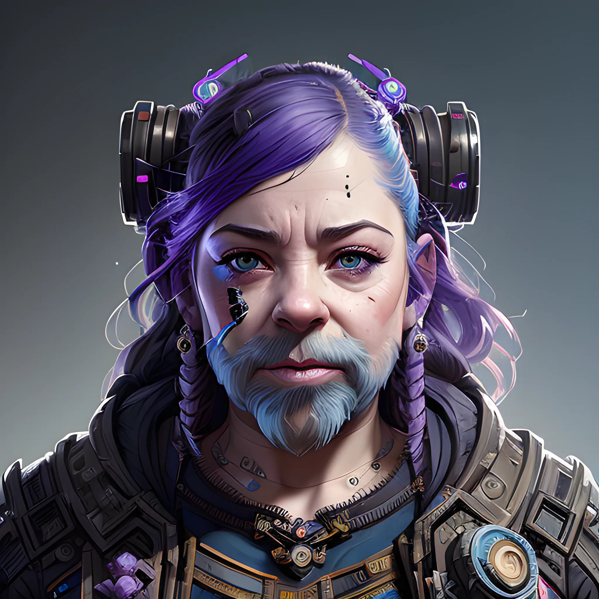 a beautiful portrait of a cute cyberpunk Dwarf by sandra chevrier and greg rutkowski and wlop, purple blue color scheme, high key lighting, volumetric light, digital art, highly detailed, fine detail, intricate, ornate, complex, octane render, unreal engine, photorealistic 