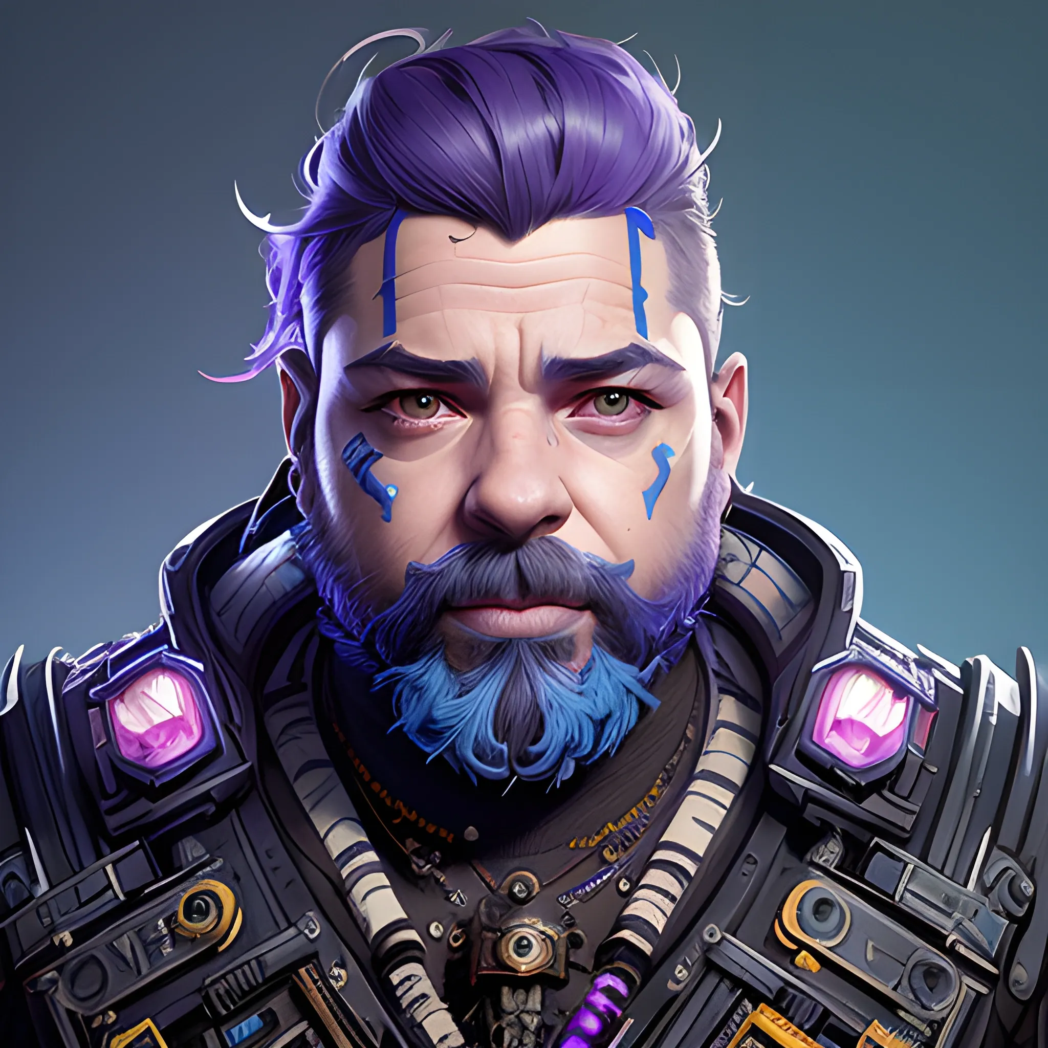 a beautiful portrait of a cute cyberpunk male Dwarf by sandra chevrier and greg rutkowski and wlop, purple blue color scheme, high key lighting, volumetric light, digital art, highly detailed, fine detail, intricate, ornate, complex, octane render, unreal engine, photorealistic 