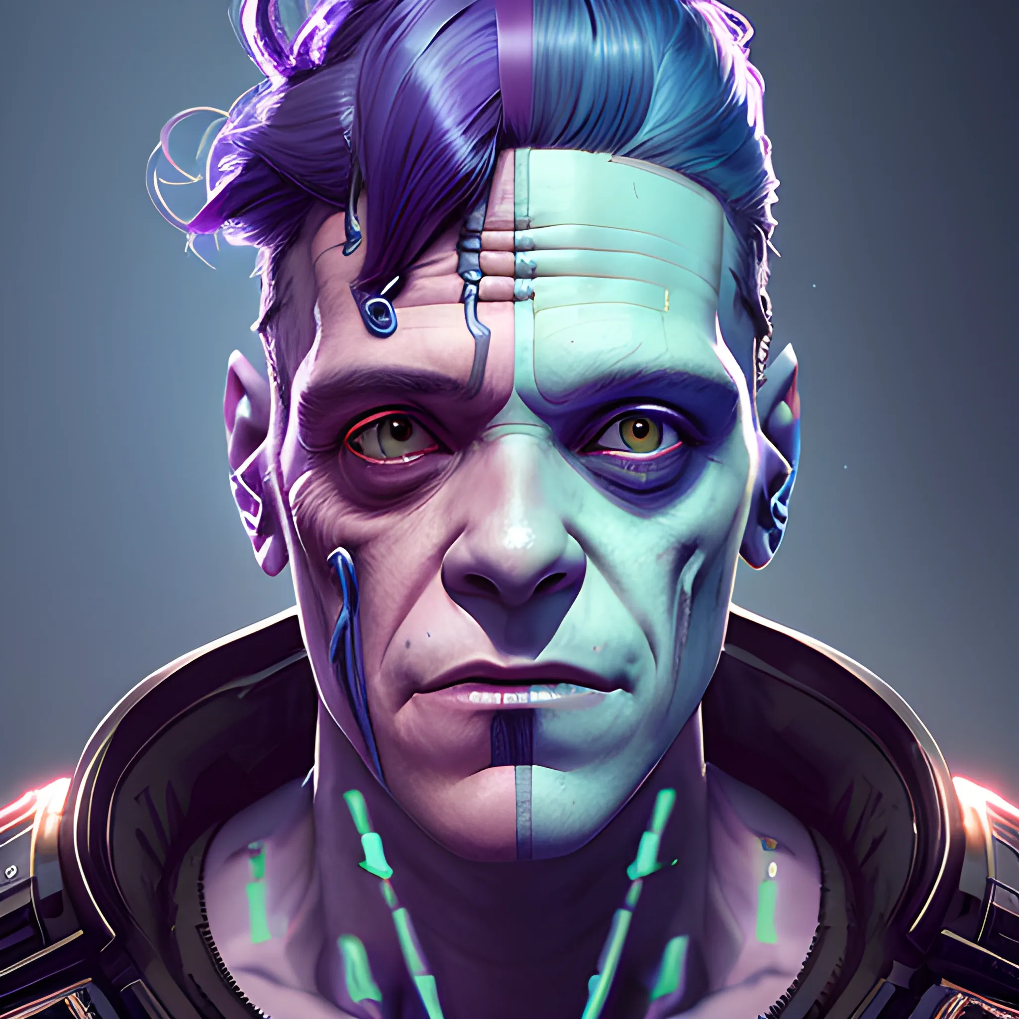 a beautiful portrait of a cute cyberpunk male Frankenstein by sandra chevrier and greg rutkowski and wlop, purple blue color scheme, high key lighting, volumetric light, digital art, highly detailed, fine detail, intricate, ornate, complex, octane render, unreal engine, photorealistic 