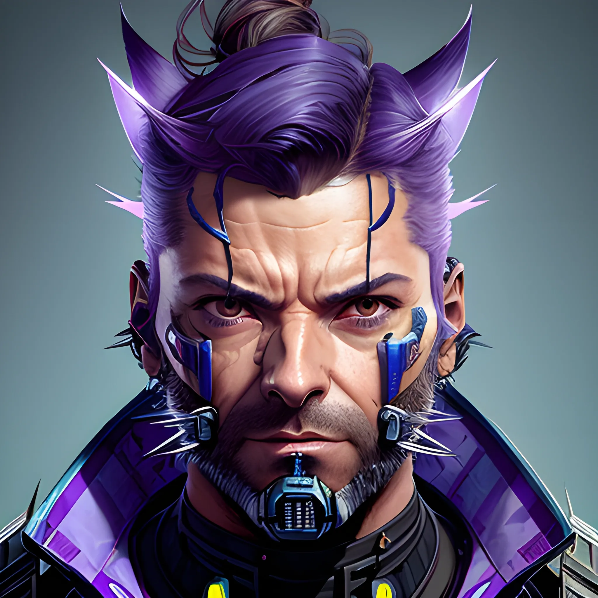 a beautiful portrait of a cute cyberpunk male Wolverine by sandra chevrier and greg rutkowski and wlop, purple blue color scheme, high key lighting, volumetric light, digital art, highly detailed, fine detail, intricate, ornate, complex, octane render, unreal engine, photorealistic 