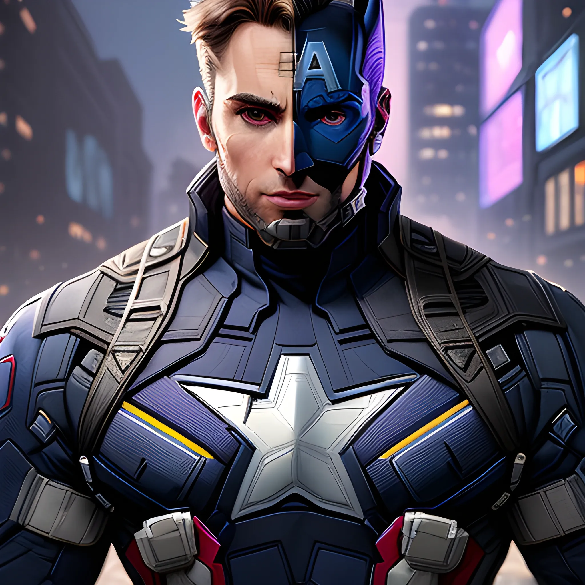 a beautiful portrait of a cute cyberpunk male Captain America Batman by sandra chevrier and greg rutkowski and wlop, purple blue color scheme, high key lighting, volumetric light, digital art, highly detailed, fine detail, intricate, ornate, complex, octane render, unreal engine, photorealistic 