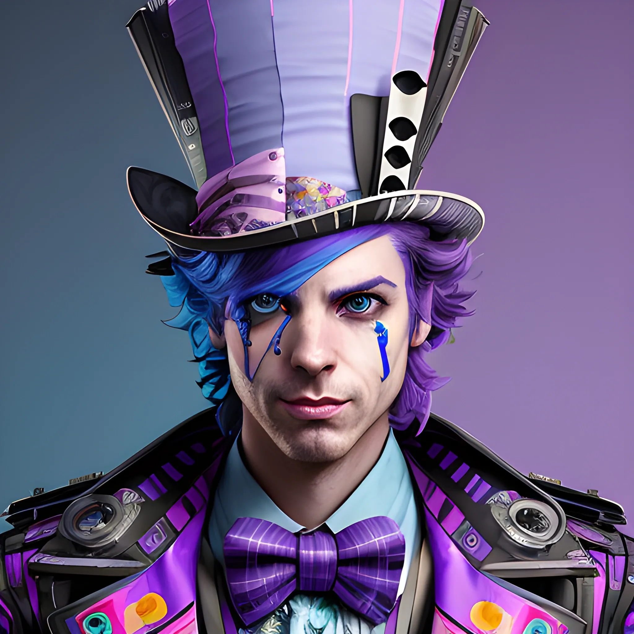 a beautiful portrait of a cute cyberpunk male Mad Hatter by sandra chevrier and greg rutkowski and wlop, purple blue color scheme, high key lighting, volumetric light, digital art, highly detailed, fine detail, intricate, ornate, complex, octane render, unreal engine, photorealistic 