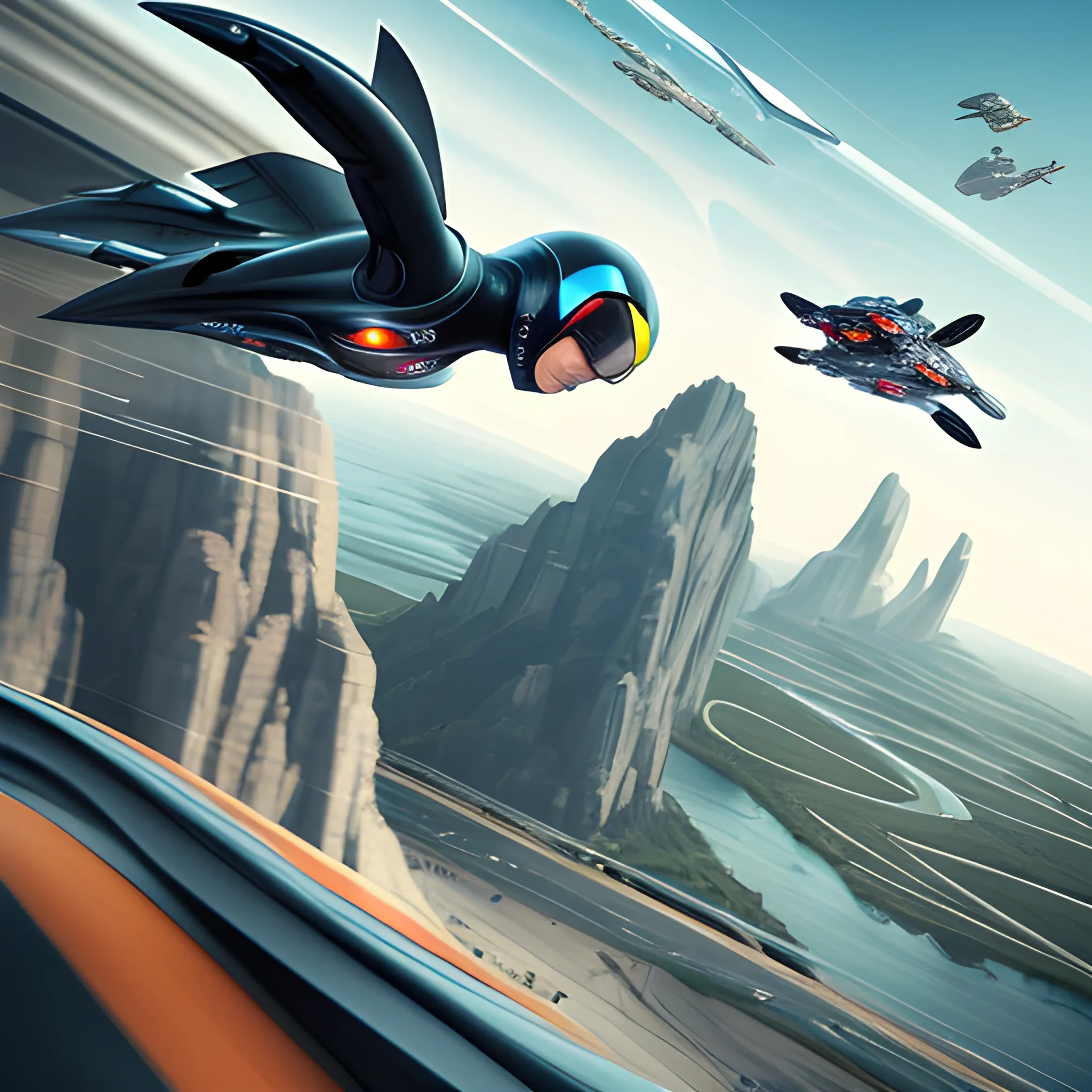 Dynamic scene featuring a high-speed race on a Sibling in a wing-suit diving jet-like past a huge cliff, racetrack floating in the sky captured in motion blur, surrounded by hovering platforms and sci-fi cities below, showcasing the innovation of anti-gravity racing. The poster features futuristic colors and detailed textures to convey innovation and adrenaline, Trippy