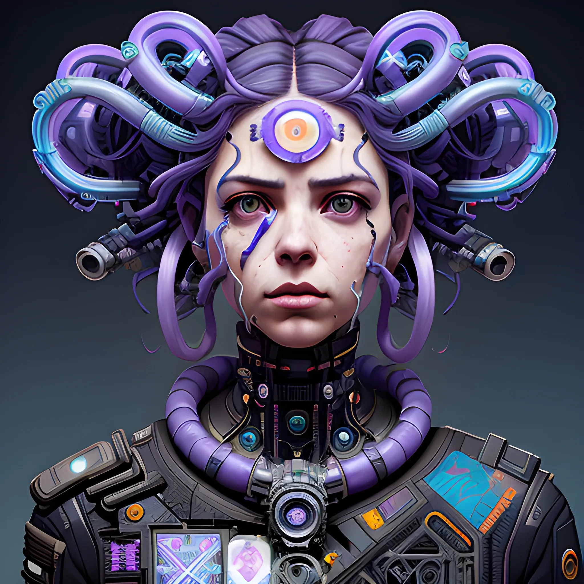 a beautiful portrait of a cute cyberpunk female Medusa by sandra chevrier and greg rutkowski and wlop, purple blue color scheme, high key lighting, volumetric light, digital art, highly detailed, fine detail, intricate, ornate, complex, octane render, unreal engine, photorealistic 