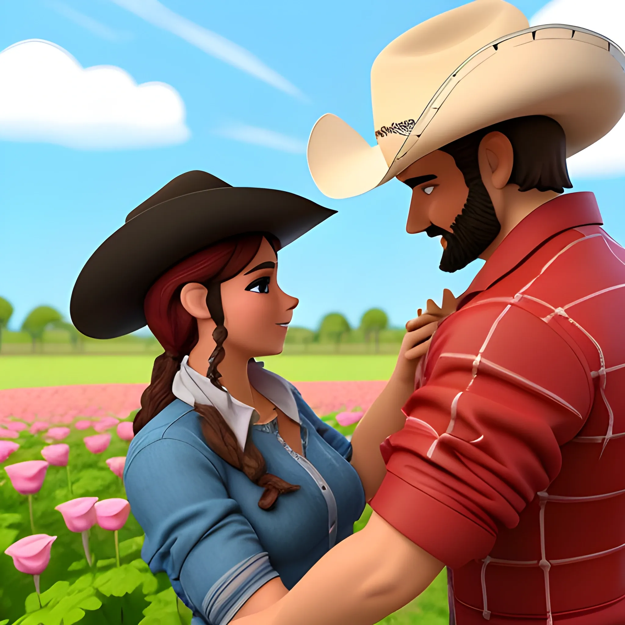 hombre vestido de vaquero entregando ramo de rosas a chica, 3D, Cartoon