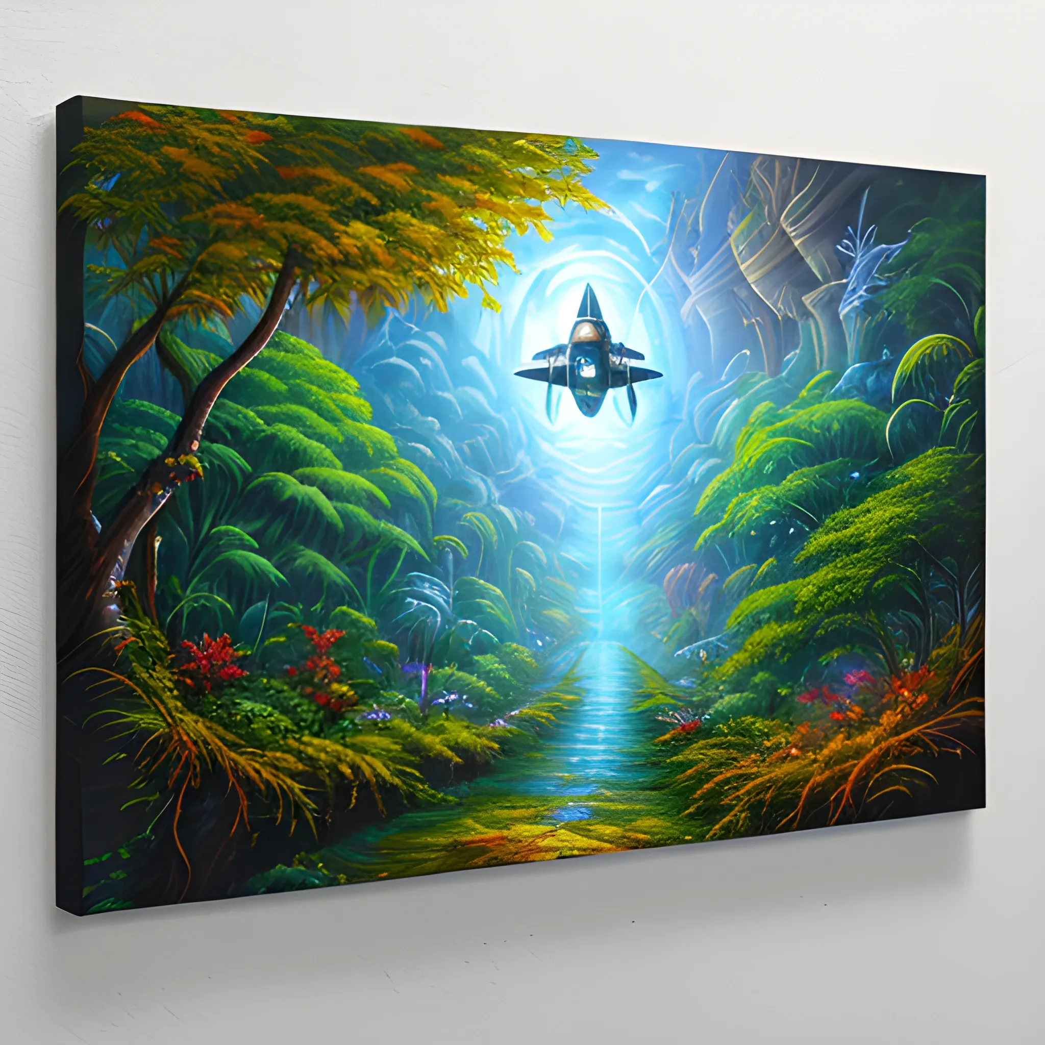 3D, small distant spaceship descending from the sky leaving a trail behind it, old city over run by jungle, visiting old earth, looking from a distance through the leaves, Oil Painting, 