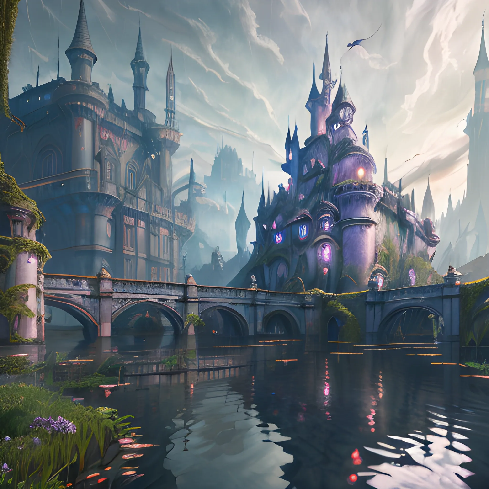 masterpiece, perspective, curious old secret flooded castle, cascading armor shops and potion shops, art nouveau, animation art, dark fantasy, overgrown with lush vegetation, cinematic, smooth, detailed, hyperrealism, very small aperture, clear reflection, post production, post-processing, 8k, retouch, HDR, Super-Resolution, Soft Lighting, Ray Tracing Global Illumination, Lumen Reflections, pastel color palette, art deco, Bloodborne feeling