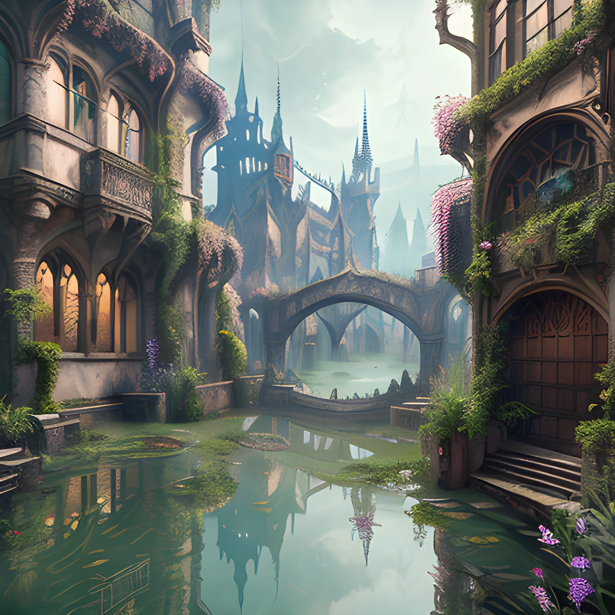 masterpiece, perspective, curious old secret flooded medieval city, cascading armor shops and potion shops, art nouveau, animation art, dark fantasy, overgrown with lush vegetation, cinematic, smooth, detailed, hyperrealism, very small aperture, clear reflection, post production, post-processing, 8k, retouch, HDR, Super-Resolution, Soft Lighting, Ray Tracing Global Illumination, Lumen Reflections, pastel color palette, art deco, Bloodborne feeling