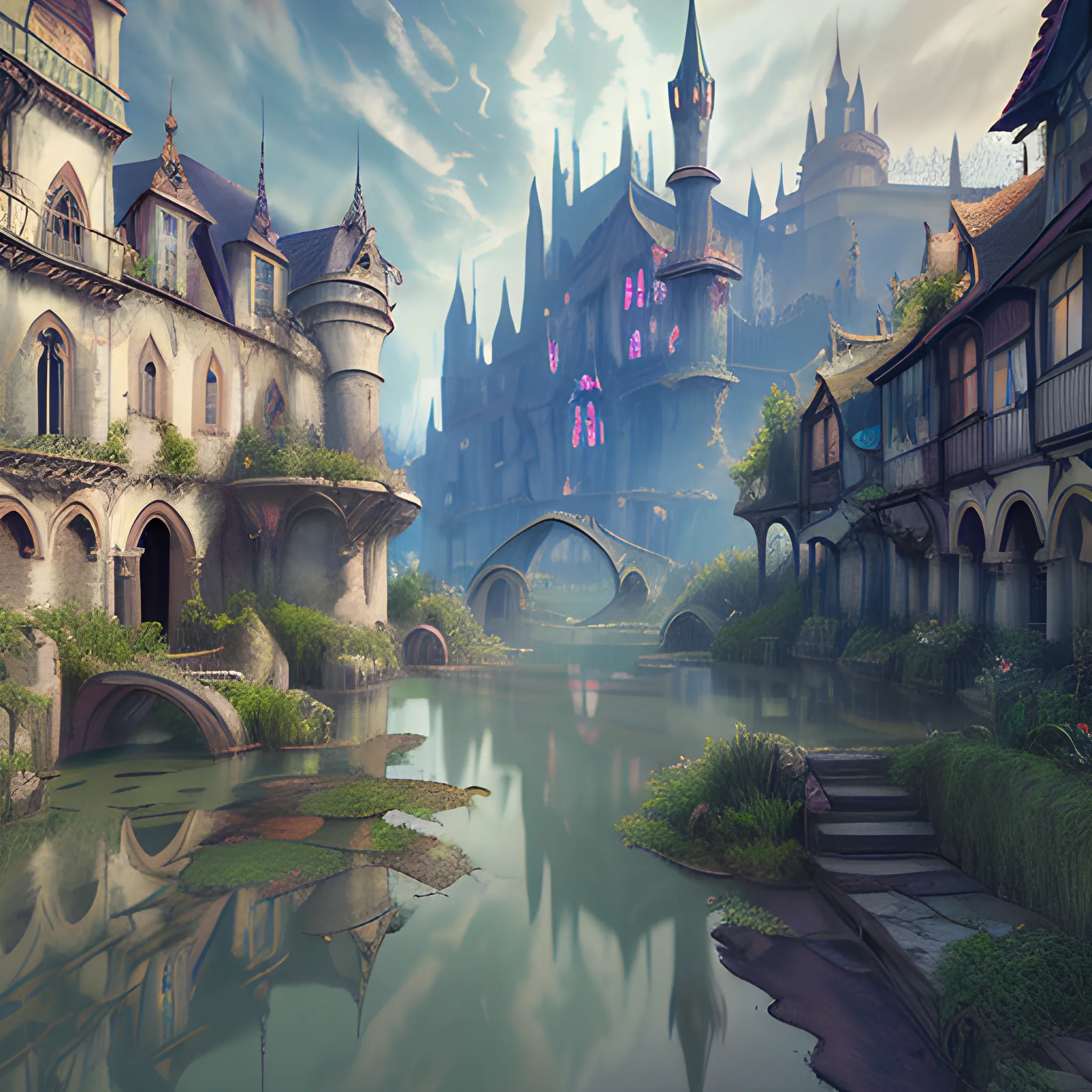masterpiece, perspective, curious old secret flooded medieval city, cascading armor shops and potion shops, art nouveau, animation art, dark fantasy, overgrown with lush vegetation, cinematic, smooth, detailed, hyperrealism, very small aperture, clear reflection, post production, post-processing, 8k, retouch, HDR, Super-Resolution, Soft Lighting, Ray Tracing Global Illumination, Lumen Reflections, pastel color palette, art deco, Bloodborne feeling