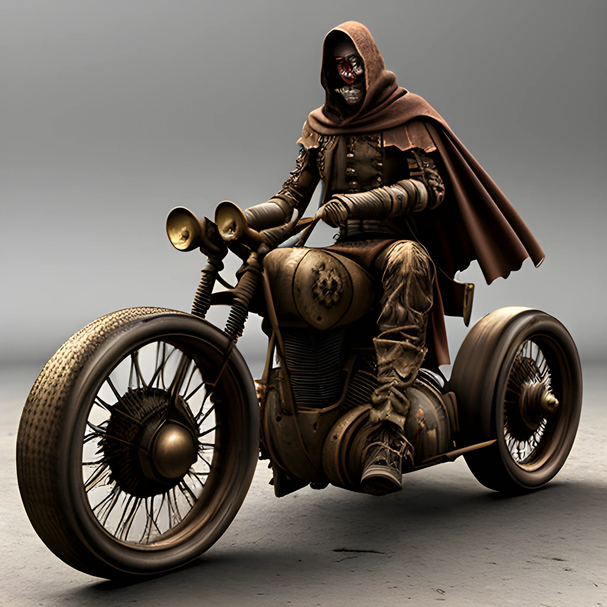 steampunk automoton with tattered cloak in war in an awesome pose weilding a cool steampunk musket, 3D