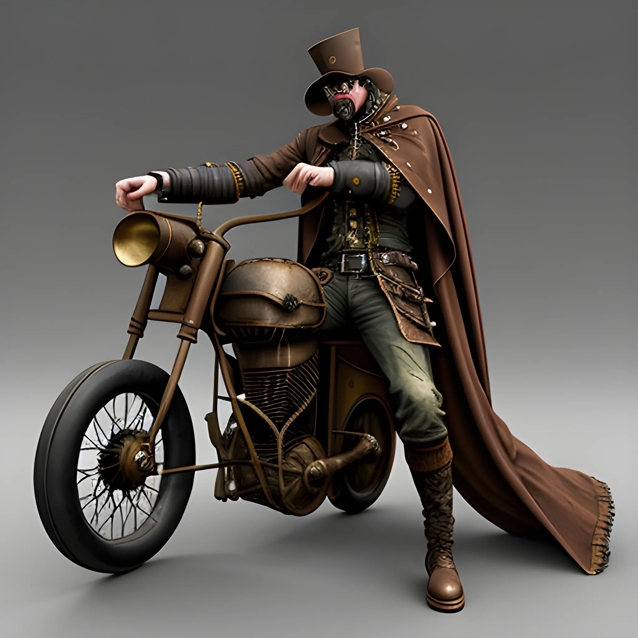 steampunk automoton with tattered cloak in war in an awesome pose weilding a cool steampunk musket, 3D