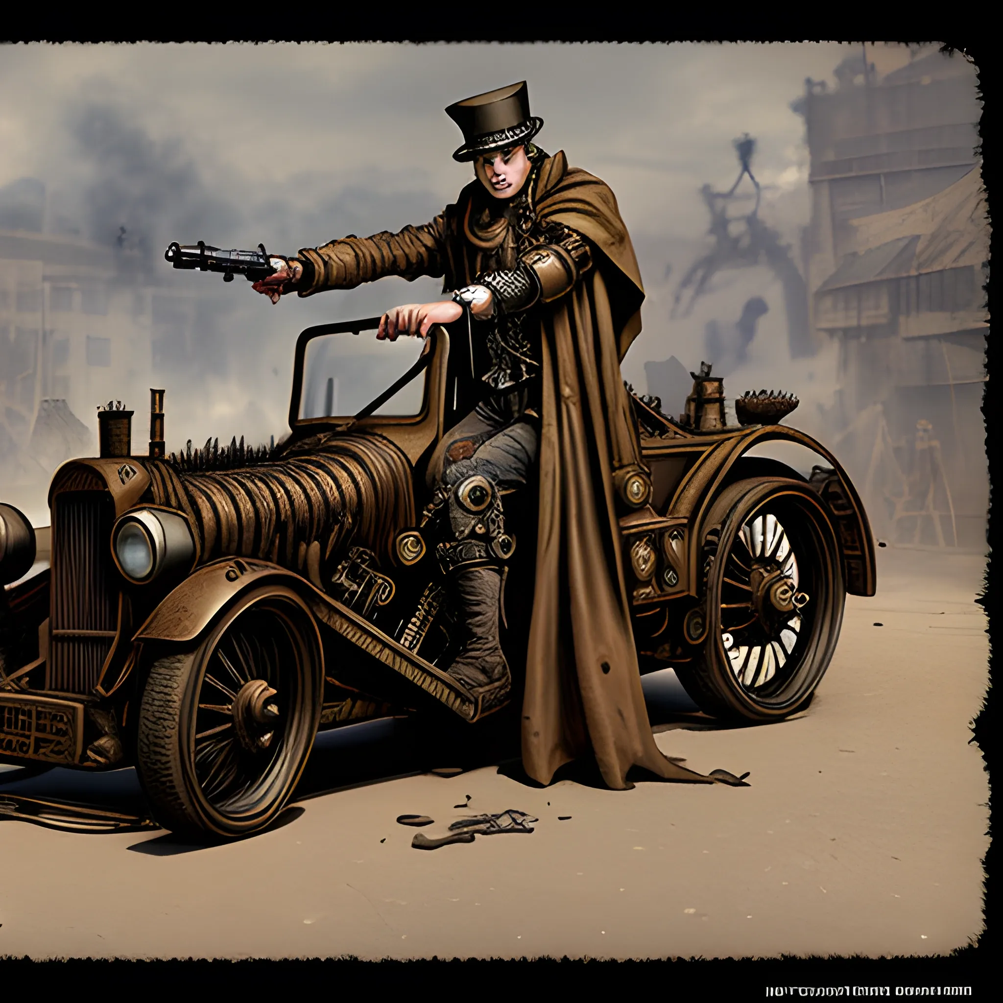 steampunk automoton with tattered cloak in war in an awesome pose weilding a cool steampunk gun, Cartoon