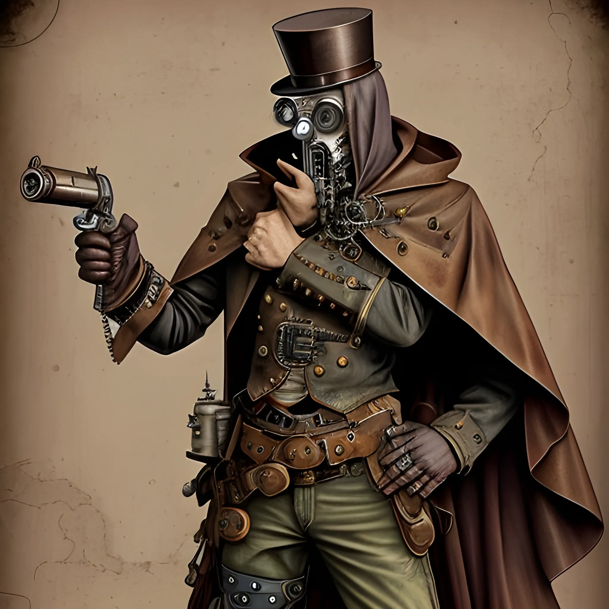 steampunk automoton with tattered cloak in war in an awesome pose weilding a cool steampunk gun, Cartoon